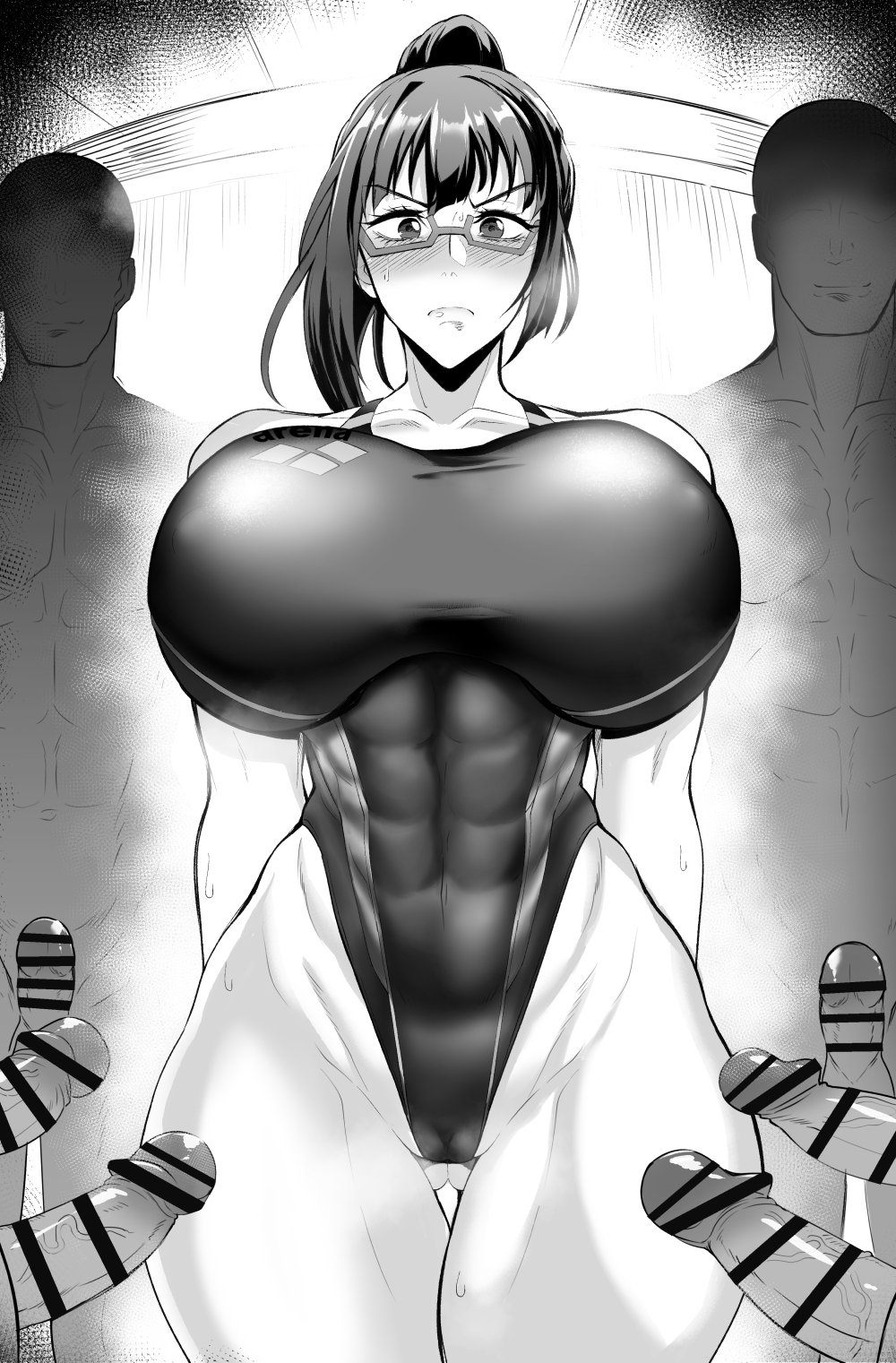 1girls, 2024, abs, big breasts, black bars, blush, censored, censored penis, cock, competition swimsuit, dominant, dominant female, eyewear, faceless male, femdom, glasses, greyscale, harem, highleg swimsuit, huge breasts, jet puri, jujutsu kaisen, looking down, low-angle view, maki zenin, monochrome, multiple boys, muscular, muscular female, one-piece swimsuit, penis, ponytail, puripuri jet, surrounded, surrounded by penises, sweat, sweatdrop, sweating, swimsuit, tied hair, zenin maki