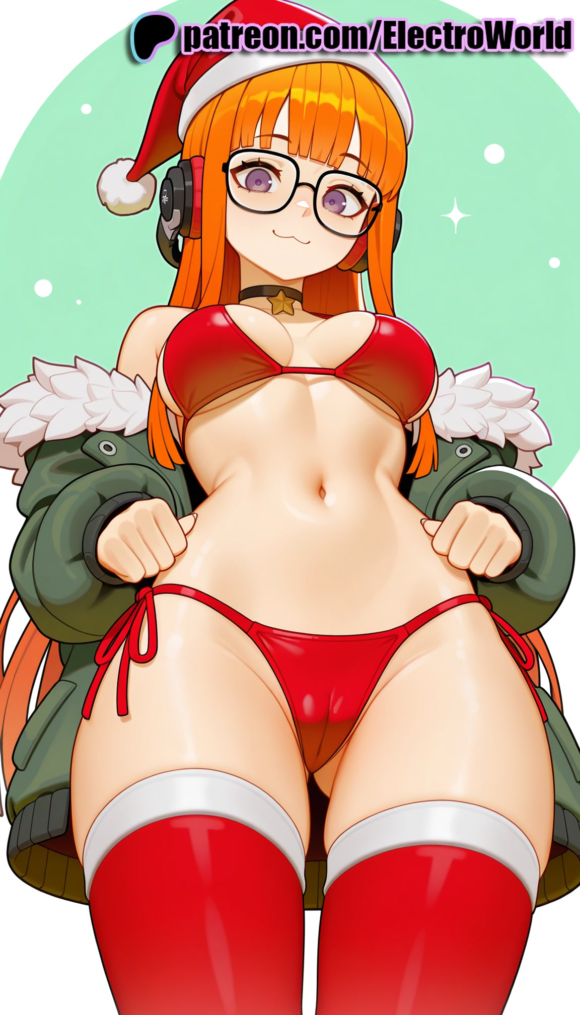 1girls, 2026, ai generated, angel wings, artist name, bangs, behind-the-head headphones, big breasts, bikini, blunt bangs, breasts, bust, chest, choker, christmas, christmas outfit, curvy, electroworld, feathered wings, female, fur trim, fur-trimmed jacket, glasses, green jacket, hat, headphones, hi res, high quality, high resolution, highres, jacket, large breasts, long hair, merry christmas, navel, orange hair, patreon, patreon username, persona, persona 5, petite, purple eyes, red bikini, red legwear, sakura futaba, santa bikini, santa hat, side-tie bikini, side-tie panties, solo, stable diffusion, standing, swimsuit, thick thighs, thighhighs, thighs, virtual youtuber, watermark, wings