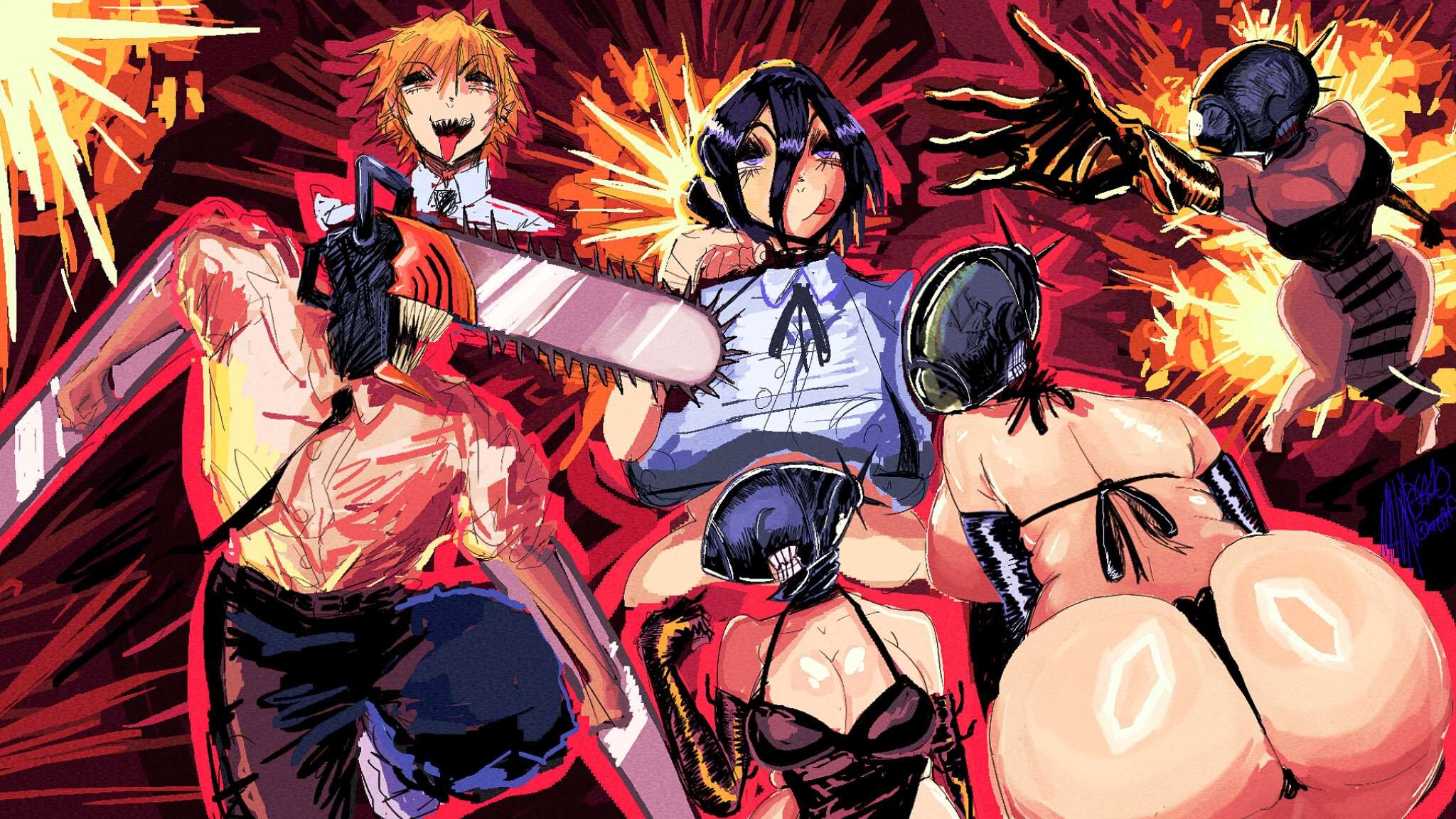 big ass, big breasts, bomb devil, chainsaw man, denji (chainsaw man), denji (hybrid form), reze (chainsaw man), xd64100