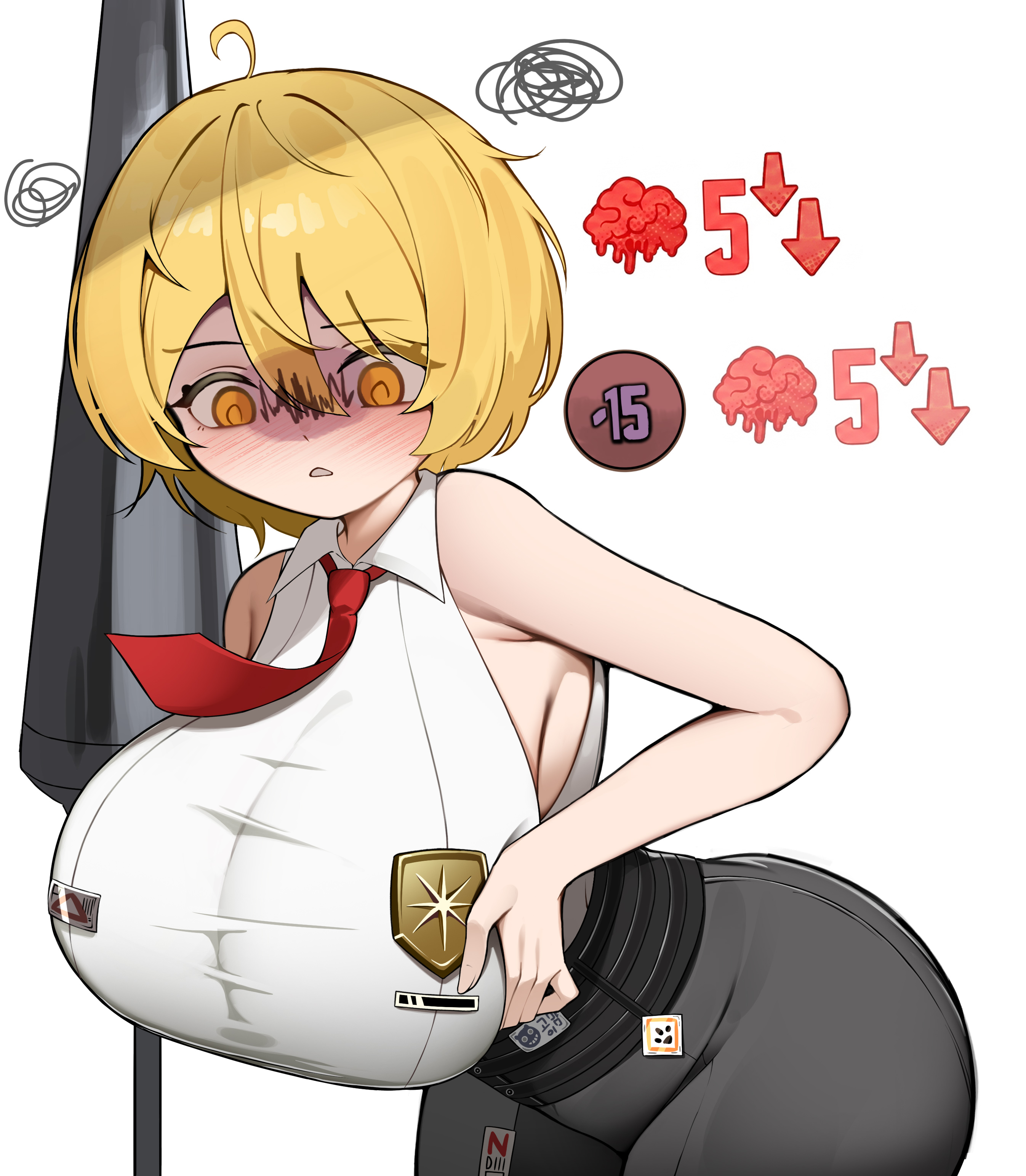 1girls, ahoge, alternate breast size, badge, blush, blush lines, blushing, blushing female, breasts, cowlick, don quixote (limbus company), female, hand on breast, hourglass figure, hourglass figured female, huge breasts, lance, limbus company, naya643502, project moon, sanity, tie, weapon, yellow eyes, yellow hair