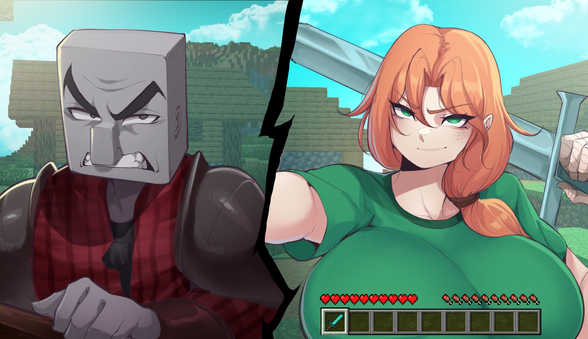 1boy, 1girls, alex (minecraft), ass, big ass, big breasts, big thighs, breasts, female, gigantic ass, gigantic breasts, gigantic thighs, gray body, green eyes, grey skin, huge ass, huge breasts, huge thighs, illager (minecraft), light skin, light-skinned female, long hair, maimeetung, male, minecraft, mojang, orange hair, pillager (minecraft), thick thighs, thighs