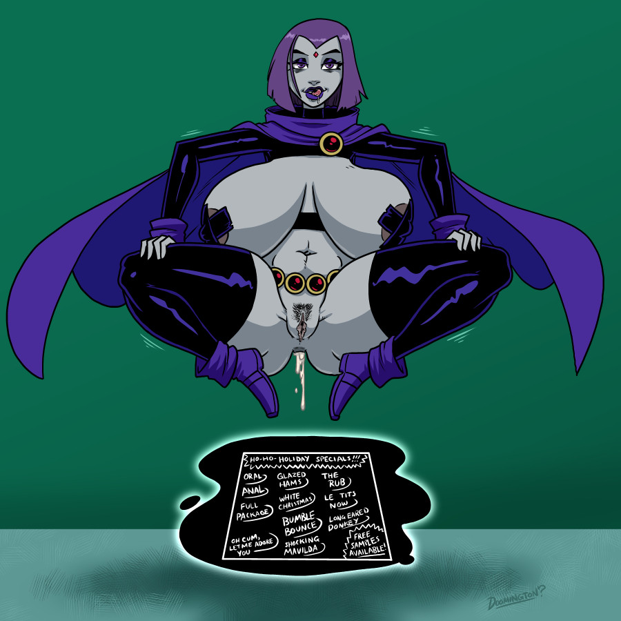 1girls, artist name, ass, belt, big breasts, bimbo, boots, breasts, breasts bigger than head, breasts out, christmas, cum, cum drip, cum dripping, cum dripping from ass, cum in ass, cum inside, dc, dc comics, doomington, drool, drooling, english, english text, eyeshadow, female, female only, huge breasts, jewel, jewel on forehead, large ass, large breasts, levitation, licking, licking lips, lipstick, makeup, menu, menu board, motion lines, navel, pasties, presenting, presenting pussy, prostitution, pubic hair, purple eyes, purple eyeshadow, purple hair, purple lipstick, pussy, raven (dc), solo, solo female, spread legs, tape, tape pasties, taped nipples, teen titans, text, thick thighs, thighhighs, thighs, topless, topless female