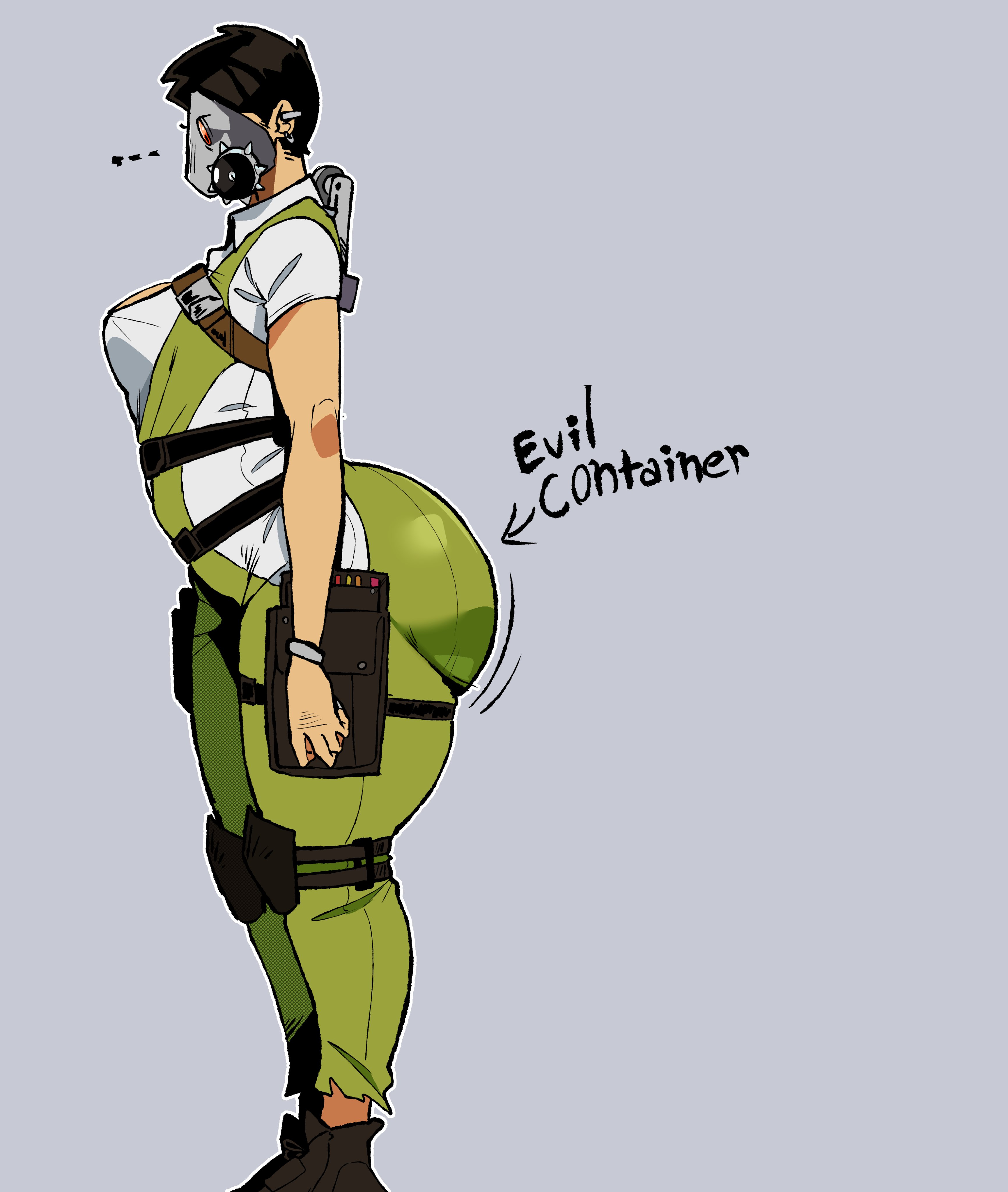 adriana imai, behemaid, big ass, big butt, dbd, dead by daylight, evil container, female, female only, gas mask, green clothing, huge ass, mask, perky breasts, pixie cut, short hair, side view, straps, the skull merchant, white shirt