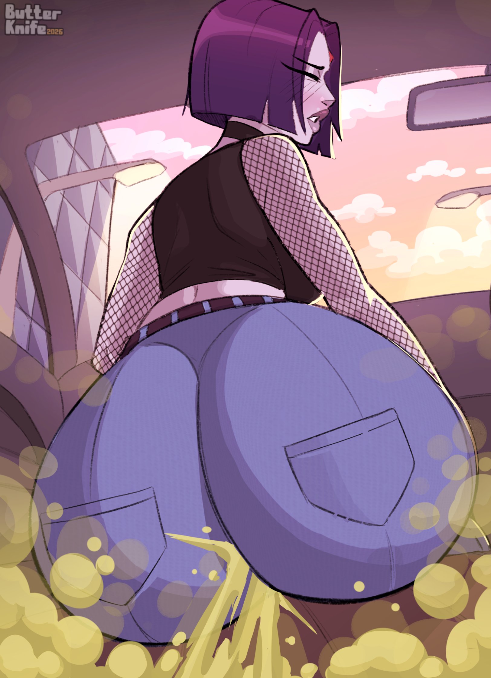 1girls, 2020s, 2026, 2026s, ass, ass focus, big ass, big breasts, big butt, black choker, blush, bob cut, butterknife742, choker, closed eyes, color, comission, dc, dc comics, digital drawing (artwork), digital media (artwork), embarrassed, eproctophillia, eyebrows, eyelashes, eyelashes visible through hair, fart, fart cloud, fart fetish, farting, fishnet armwear, fishnets, goth, goth girl, huge ass, huge butt, inside car, jeans, jpeg, jpg, purple body, purple hair, purple lips, purple skin, purple skinned female, rachel roth, raven (dc), round ass, round butt, short hair, solo, solo female, solo focus, thin eyebrows, twitter link, watermark, yellow fart, yellow fart cloud, yellow gas, yellow gas cloud