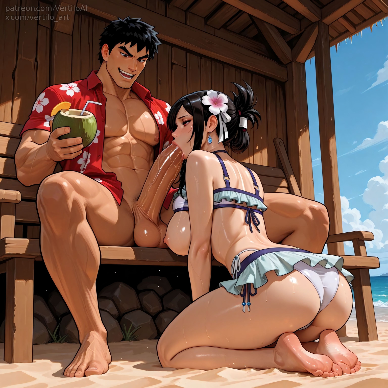 1boy, 1girls, ai generated, blowjob, bra lift, coconut, feet, fellatio, final fantasy, full body, huge cock, kneeling, large breasts, nipples, oral, ryu (street fighter), soles, street fighter, tifa lockhart, tifa lockhart (shining spirit), vertiloart