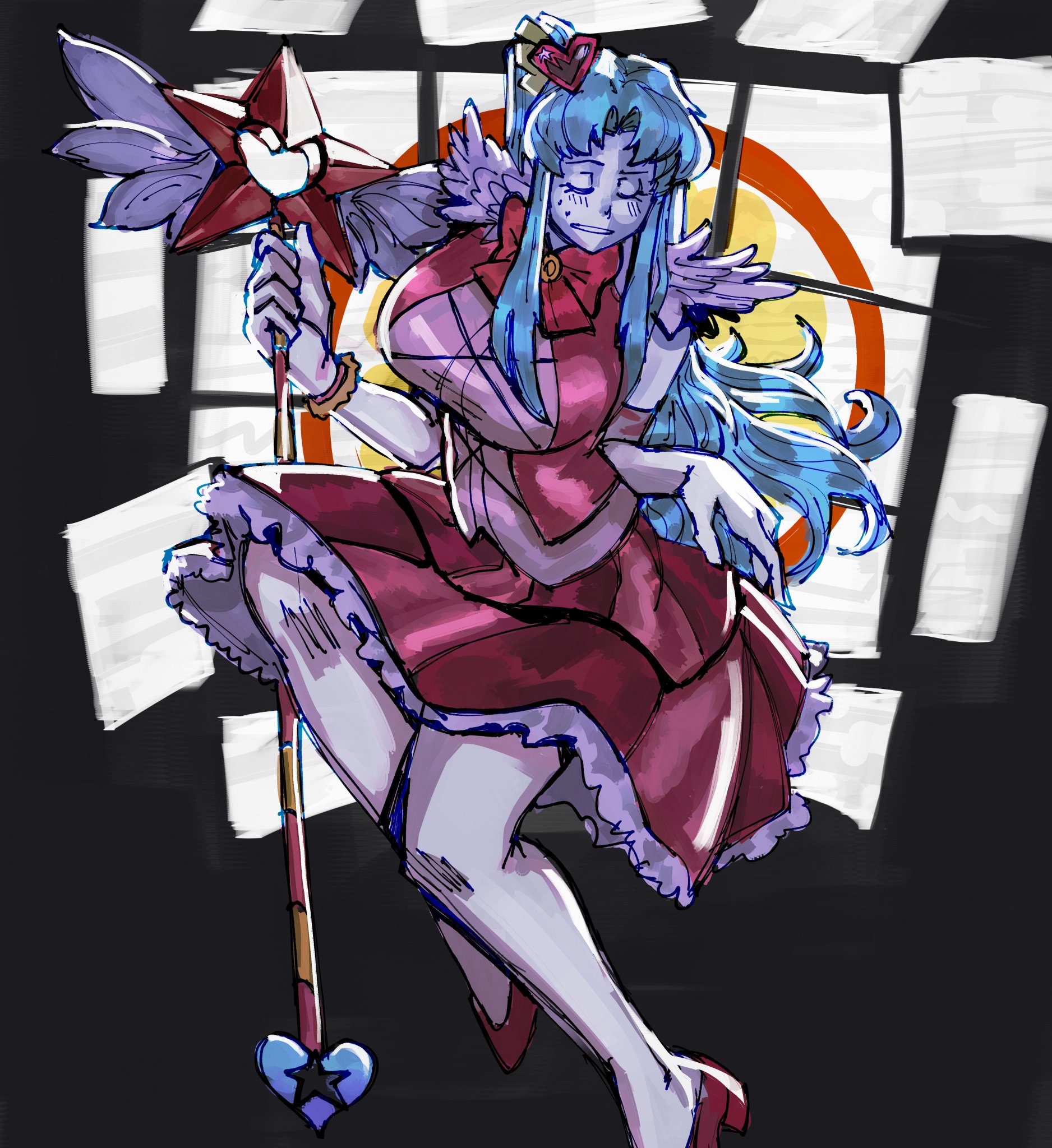 angela (lobotomy corporation), blue hair, blush, confused, dress, heels, lobotomy corporation, long hair, ponytail, project moon, queen of hatred (cosplay), skirt, sweat, tagme