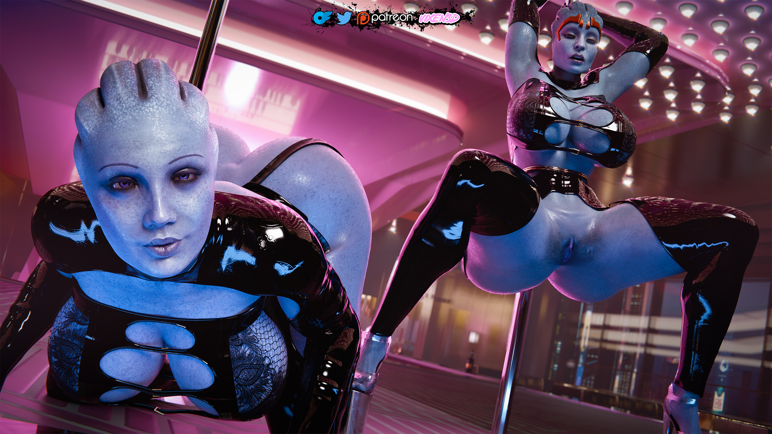2girls, 3d, 3dx, alien, alien girl, artist logo, artist name, asari, big areolae, big breasts, bimbo, bimbo body, bimbo choker, bimbofied, blender, blender (software), blue body, blue eyes, blue skin, blue-skinned female, bolt on tits, breast implants, breast to breast, breasts, busty, collar, enhanced breasts, fake breasts, female, female only, garter, garter belt, giant breasts, grabbing breasts, high heels, huge breasts, implants, latex, latex clothing, latex stockings, liara t'soni, looking at viewer, mass effect, mass effect (series), mass effect 2, multiple females, multiple girls, naked, naked female, nipple piercing, nipples, open toe heels, open toe shoes, piercing, platform footwear, platform heels, prostitution, samara, self upload, silicone, silicone implants, stripper, stripper heels, stripper pole, theafterlife, tits out, vixen3d, voluptuous, voluptuous female