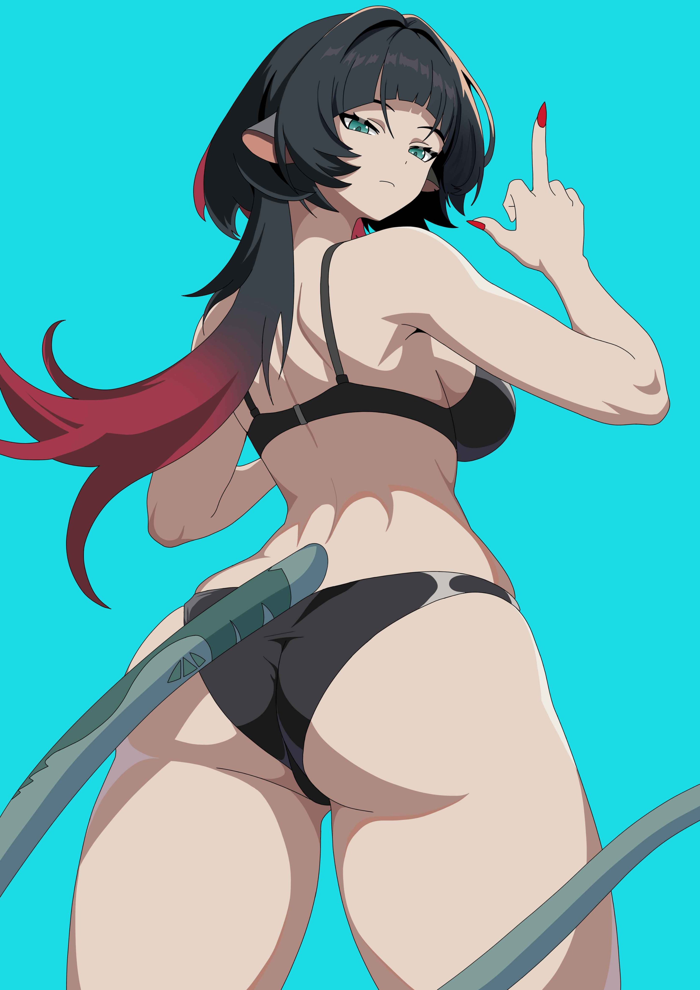 1girl, absurdres, animal ears, ass, bikini, black bikini, black hair, breasts, commentary, from behind, gradient hair, green eyes, highres, jane doe (zenless zone zero), long hair, medium breasts, middle finger, mouse ears, mouse girl, mouse tail, multicolored hair, red hair, red nails, simple background, solo, swimsuit, tail, thighs, two-tone hair, untranslatable commentary, very long hair, zenless zone zero
