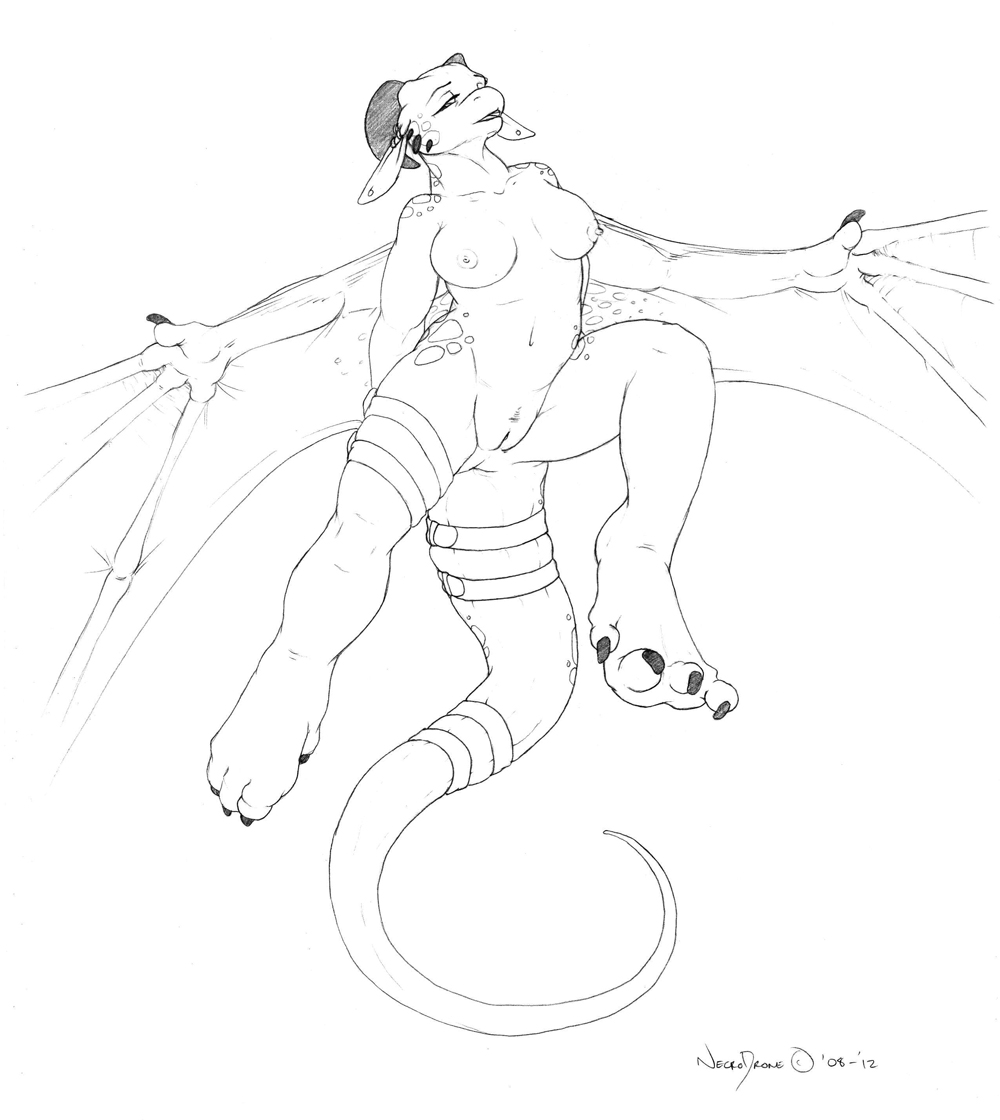 2012 anthro breasts dragon ear_piercing earring female horn necrodrone nude piercing pussy sketch solo wings