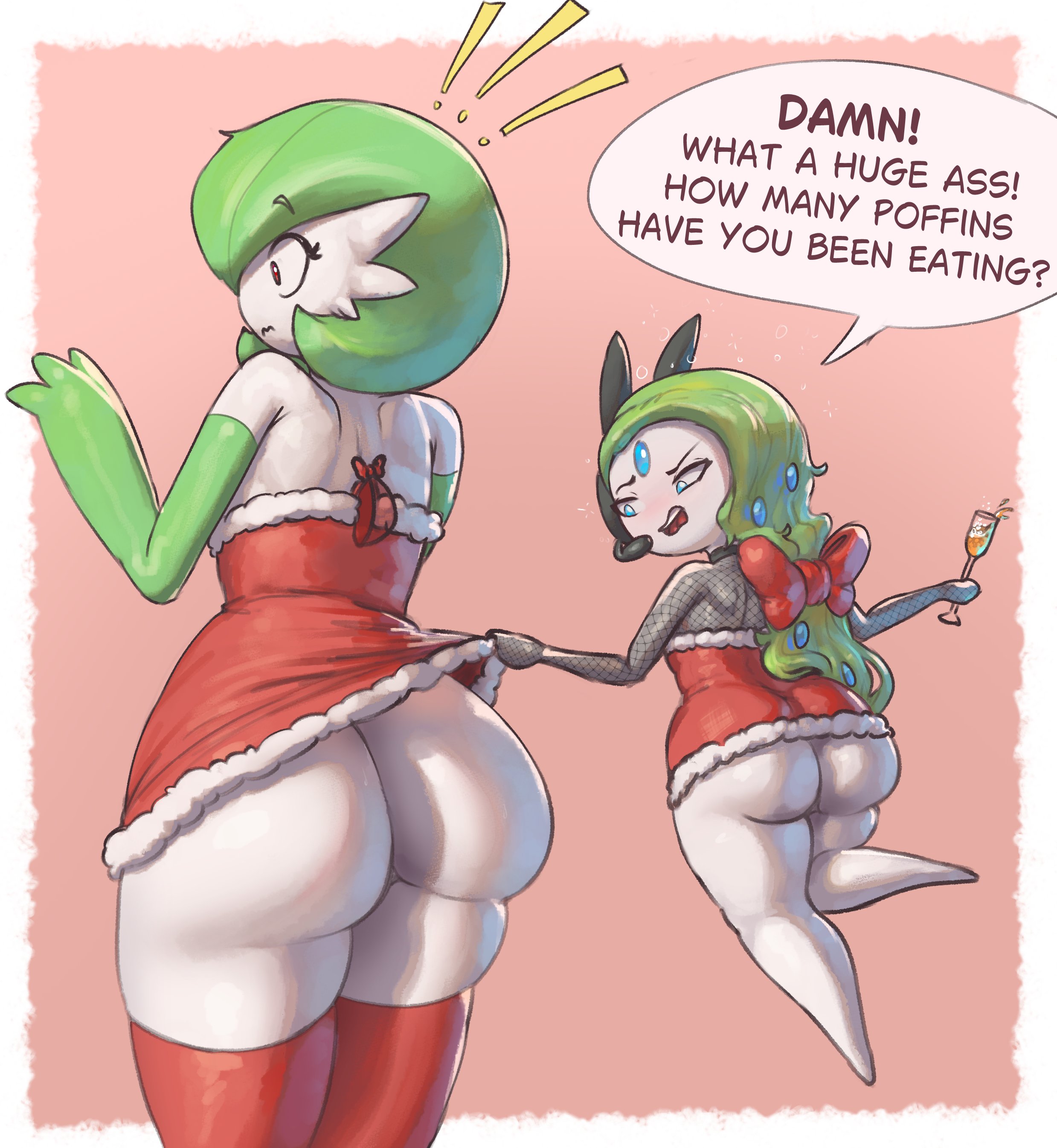 2025, absurd res, ass, big butt, blue eyes, bubble butt, christmas, christmas outfit, clothed, clothing, dialogue, duo, english text, female, gardevoir, generation 3 pokemon, generation 5 pokemon, green hair, hair, hi res, holidays, huge butt, humanoid, legendary pokemon, legwear, long hair, meloetta, mythical pokemon, nintendo, pokemon, pokemon (species), ribbon, salt lick1, shoulder length hair, speech bubble, text, white body