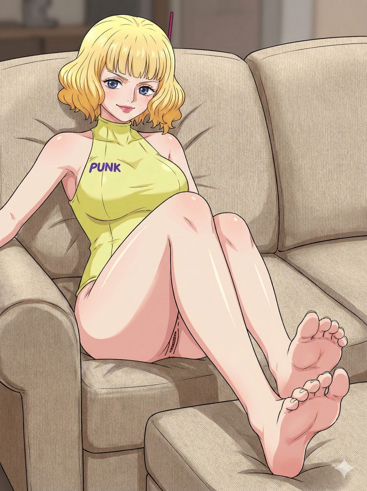 1girls, ai, ai art, ai generated, bare feet, barefeet, barefoot, blonde hair, blonde-haired female, blush, buckingham stussy, edit, feet, female, female only, happy, one piece, one piece: egghead arc, pussy, sofa, stussy, stussy (one piece), tagme
