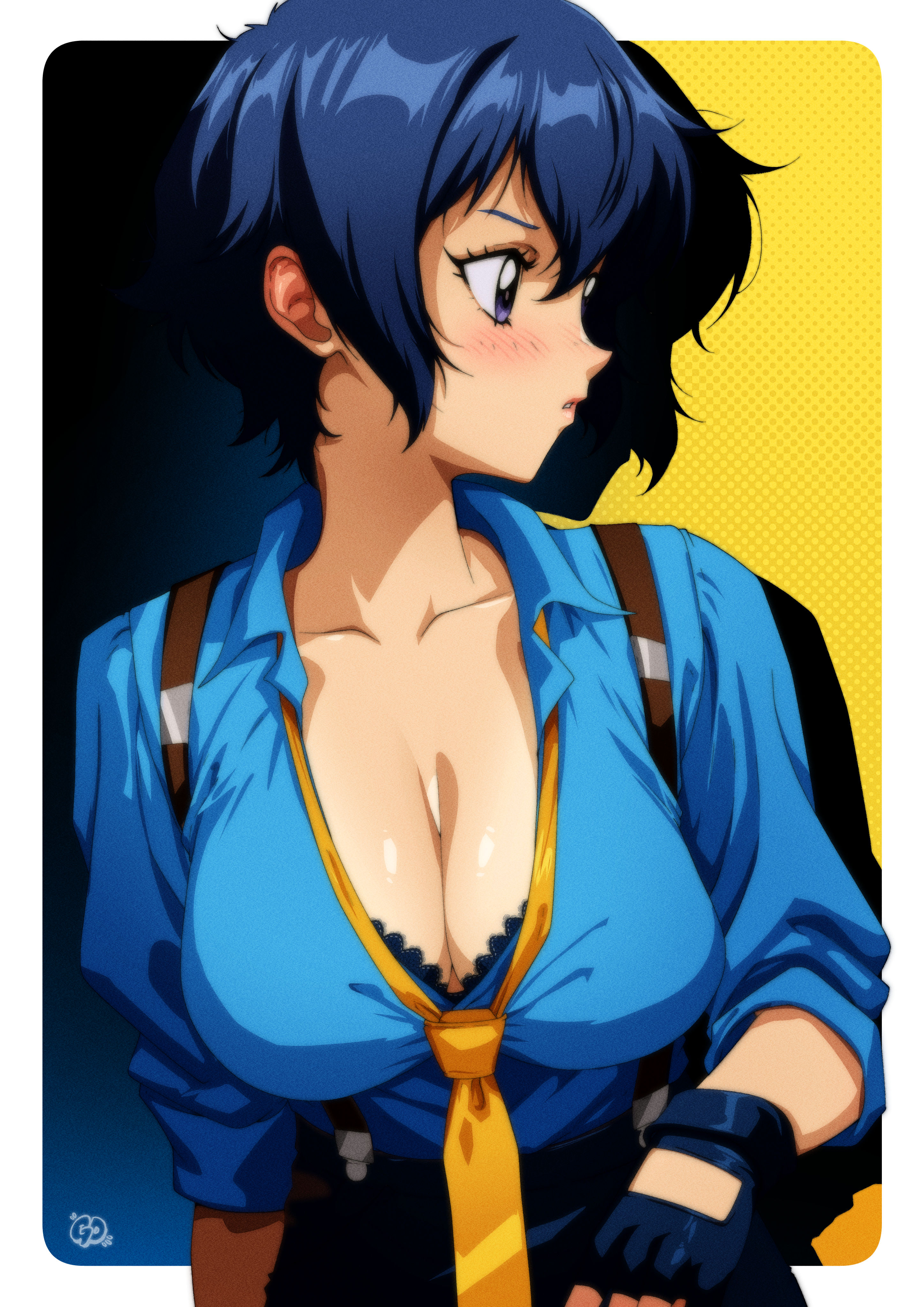 1girls, absurdres, alternate breast size (larger), atlus, blue eyes, blue hair, blue shirt, border, bra, bra peek, breasts, cleavage, commentary, english commentary, female, female only, fingerless gloves, gloves, gravydood, highres, large breasts, light blush, loose necktie, necktie, outside border, persona, persona 4, profile, shirogane naoto, shirt, short hair, solo, tomboy, upper body, white border, yellow necktie