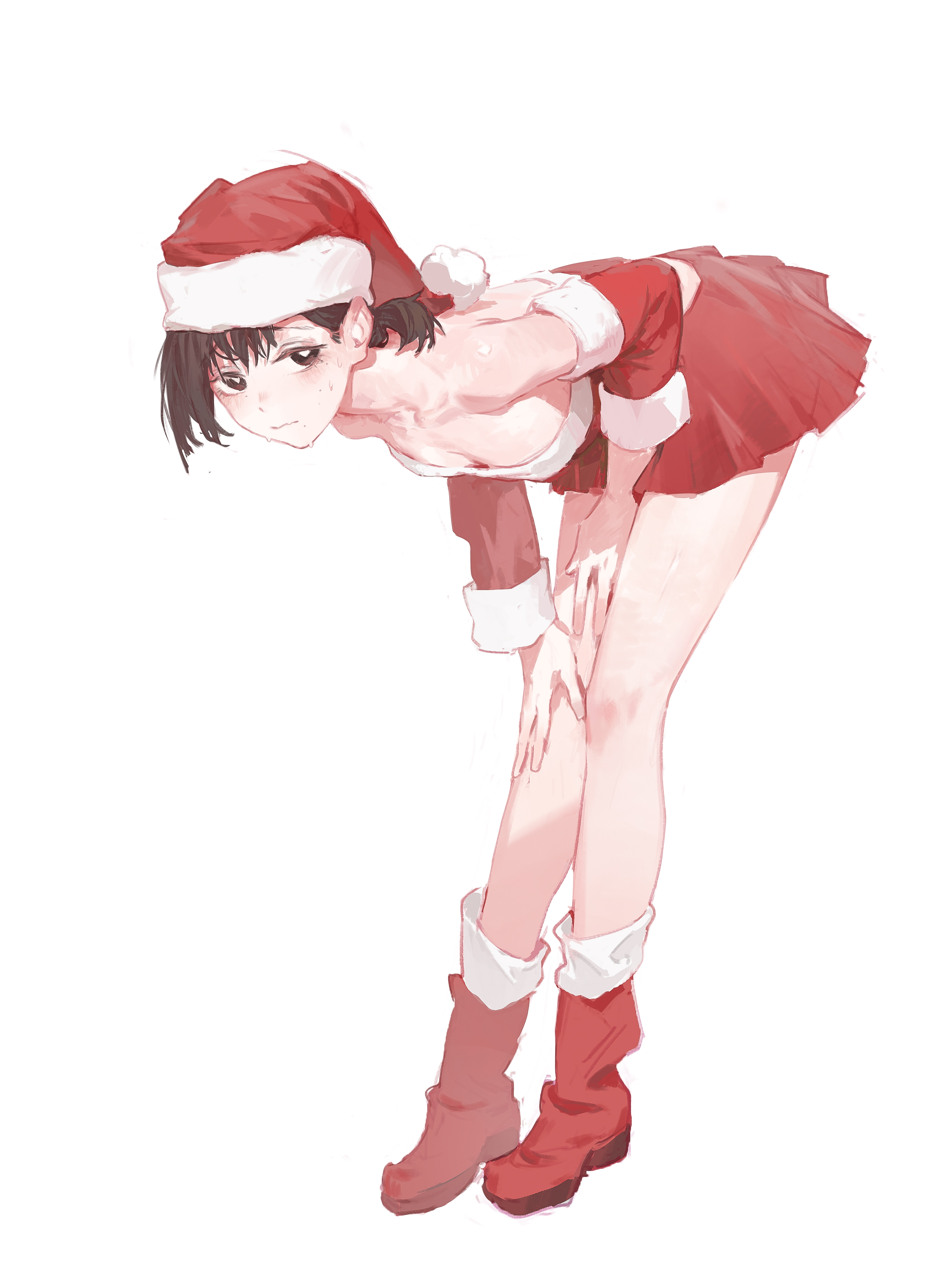 1girls, brown eyes, chainsaw man, downblouse, higashiyama kobeni, leaning forward, looking at viewer, red dress, santa hat, simple background, small breasts, solo female, strapless dress, sweat, thighs, white background
