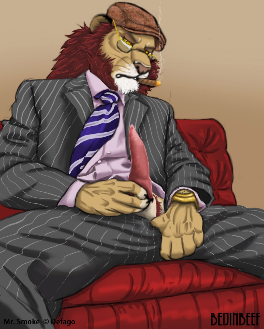 1boy anthro barbs beijinbeef cigar classy claws clothing erection feline flat_cap lion looking_at_viewer male male_only mane necktie penis pinstripes smoke solo suit watch