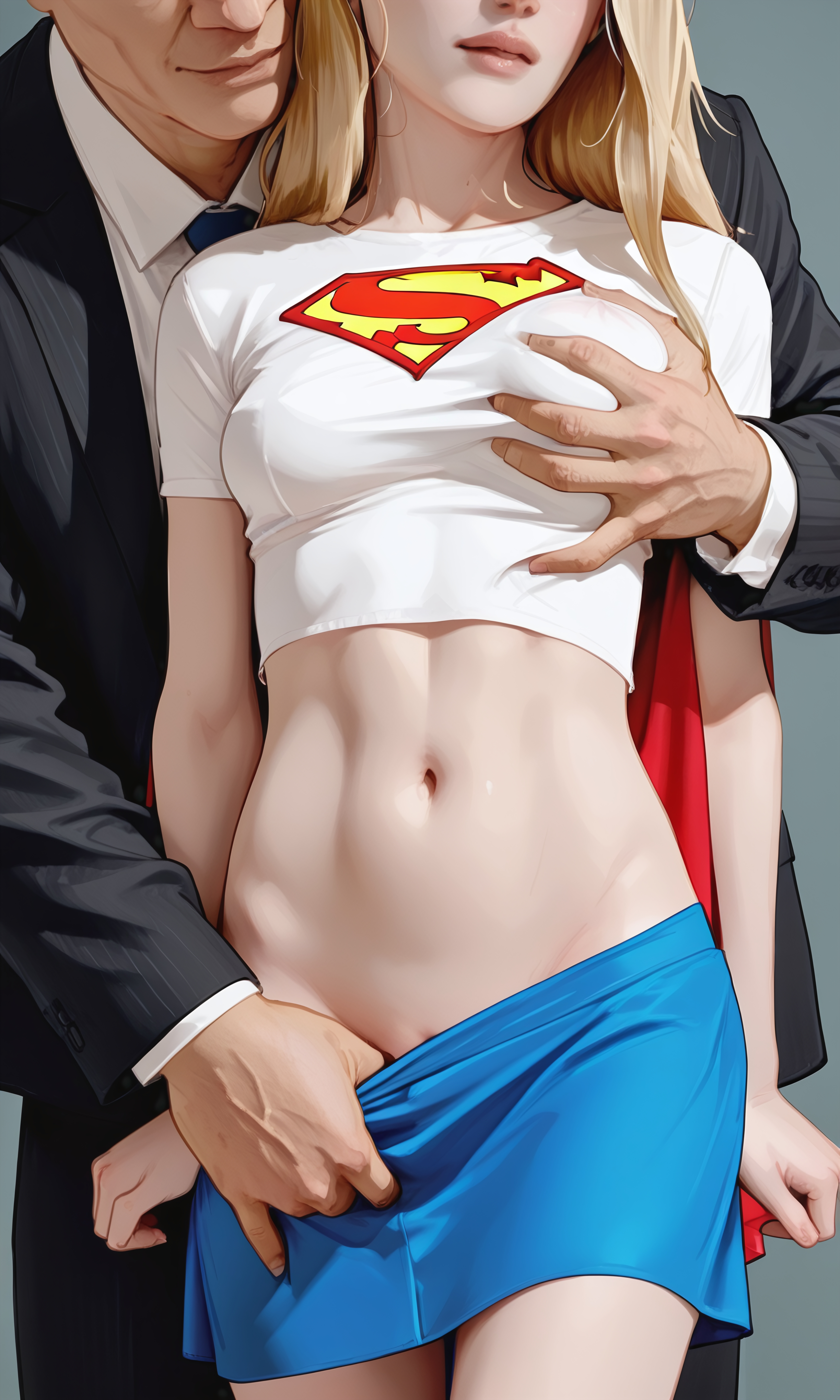 1boy, age difference, ai generated, blonde hair, breast squeeze, breasts, cropped, dc, dc comics, defeated, defeated heroine, female, femsub, groping, groping from behind, human, human dominating, human dominating humanoid, humanoid, imminent sex, kara zor-el, kryptonian, lex luthor, lips, maledom, oceanforest, older male and younger female, pussy, skirt pull, small breasts, squeezing, submissive female, supergirl, supergirl (dcau), superman (series), teenager, undressing another, victorious villain