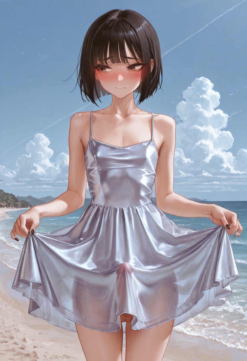 1boy, 1femboy, 2025, ai generated, alternate version available, balls, beach, black hair, blush, crossdressing, dark hair, day, dress, embarrassed, erect penis, erection, erection under clothes, erection under clothing, erection under dress, femboy, feminine male, girly, lifted dress, lifting dress, lifting own clothes, lifting own dress, looking away, no panties, outdoors, outside, penis, testicles, thighs, trap, vuurtoren