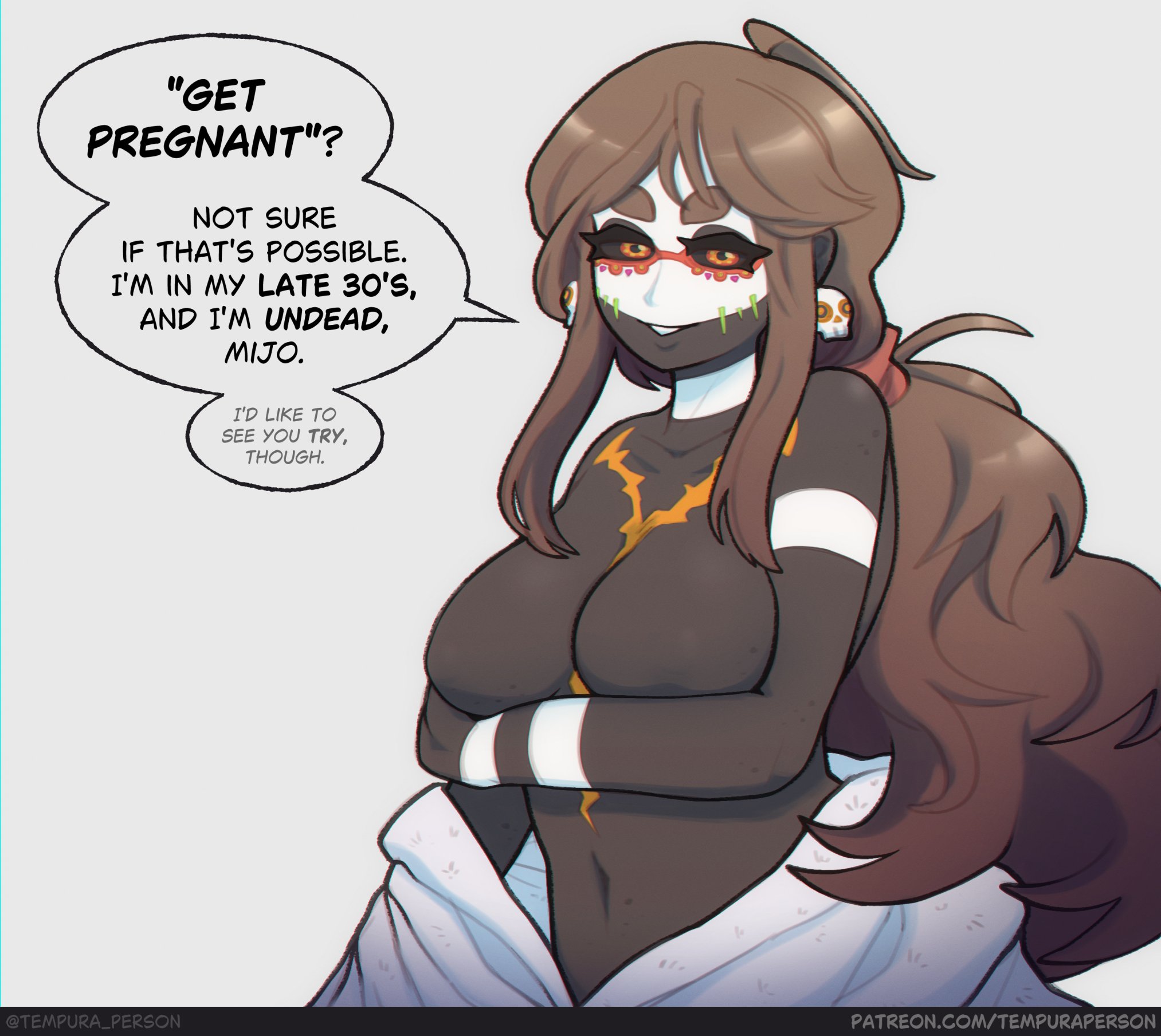 black skin, catrina, character request, dark hair, dark-skinned female, large breasts, long hair, mask, multicolored body, original, original character, ponytail, tagme, tempura person