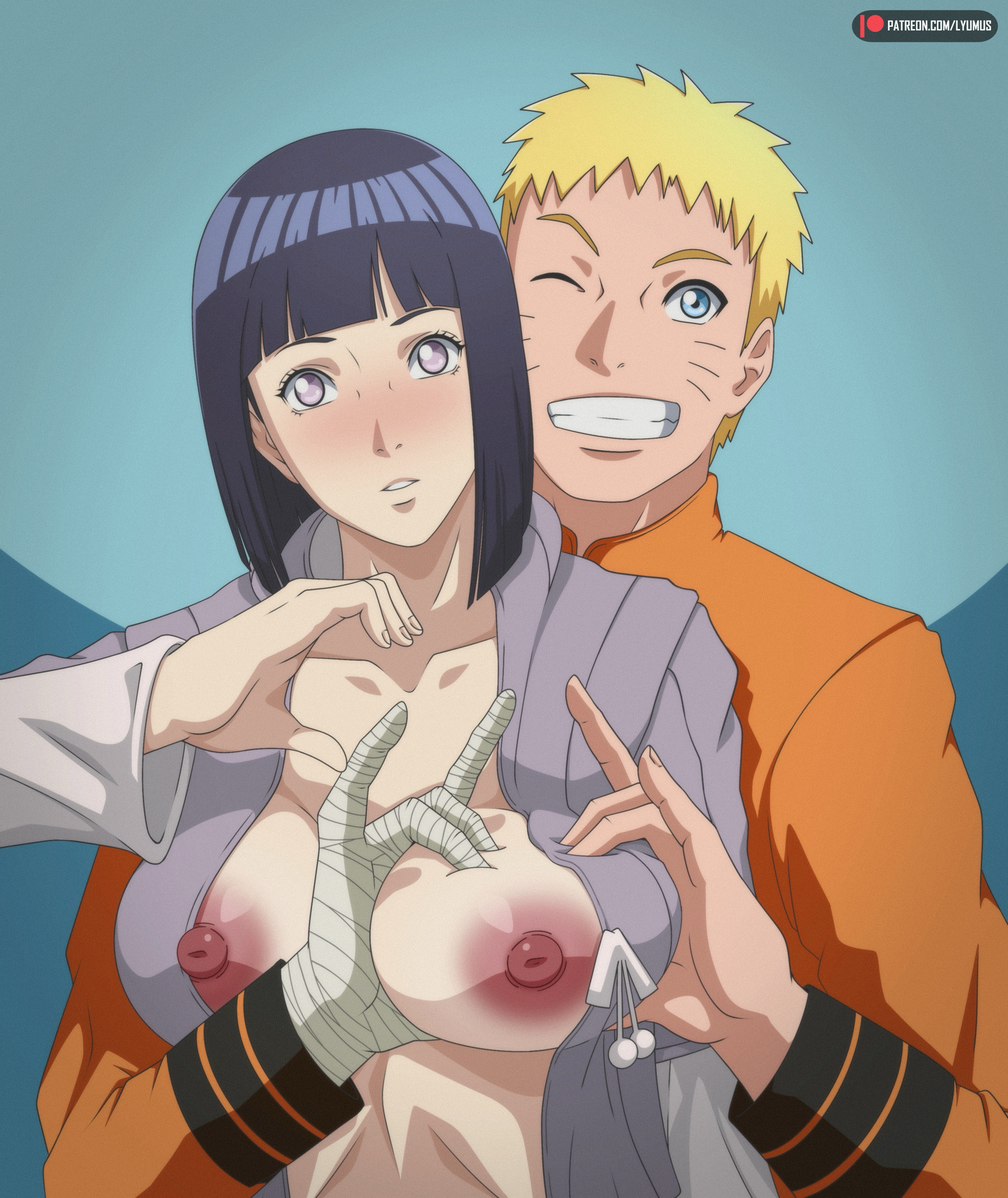 1boy, 1girls, bandaged arm, blonde hair, boob heart, boruto: naruto next generations, couple, curvy, hi res, highres, huge breasts, husband and wife, hyuuga hinata, indoors, large breasts, light-skinned female, light-skinned male, linea alba, lyumus, married couple, mature, mature female, mature male, milf, naruto (series), short hair, upper body, uzumaki hinata, uzumaki naruto, whisker markings