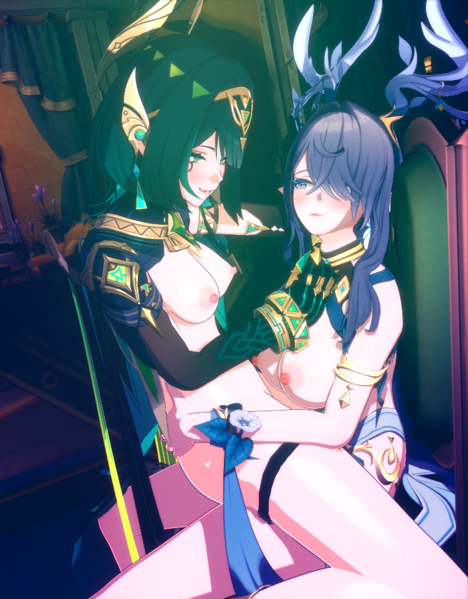 1futa, 2girls, 3d, antlers, before kissing, blender, blush, breasts, bulge, chair, chair sex, deer antlers, deer girl, embrace, futa with female, futanari, genshin impact, green skin, headgear, horna, hoyoverse, implied futa, implied sex, lauma (genshin impact), lesbian sex, mihoyo, nefer (genshin impact), nipples, office, partially clothed, passengerlamp, piercing, riding, riding penis, showing teeth, sitting, sitting on lap, sitting on penis, sitting on person, teeth, thighs, yuri