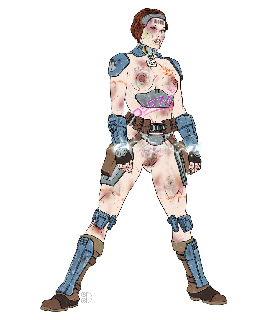 1girls, bite mark, blood, bo-katan kryze, body writing, breasts, bruise, captured, captured heroine, collar, defeated, defeated heroine, female, female only, femsub, handcuffs, mandalorian, nipples, nosebleed, pubic tattoo, pussy, red hair, scratches, solo, star wars, tittydispenser, what