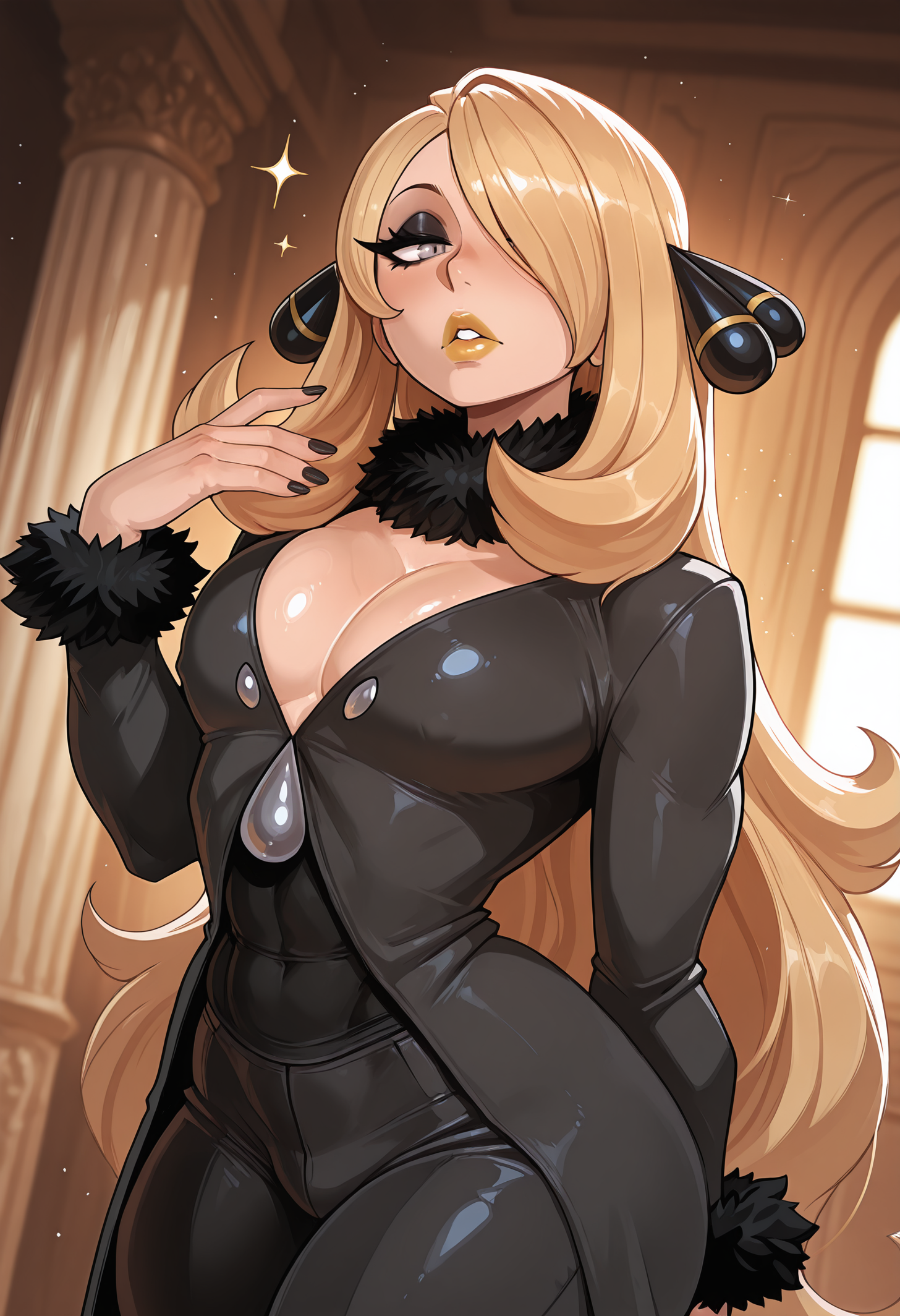 1boy, ai generated, benero, bulge, cynthia (pokemon), femboy, male cynthia, pecs, pectorals, pokemon, rule 63, sissy