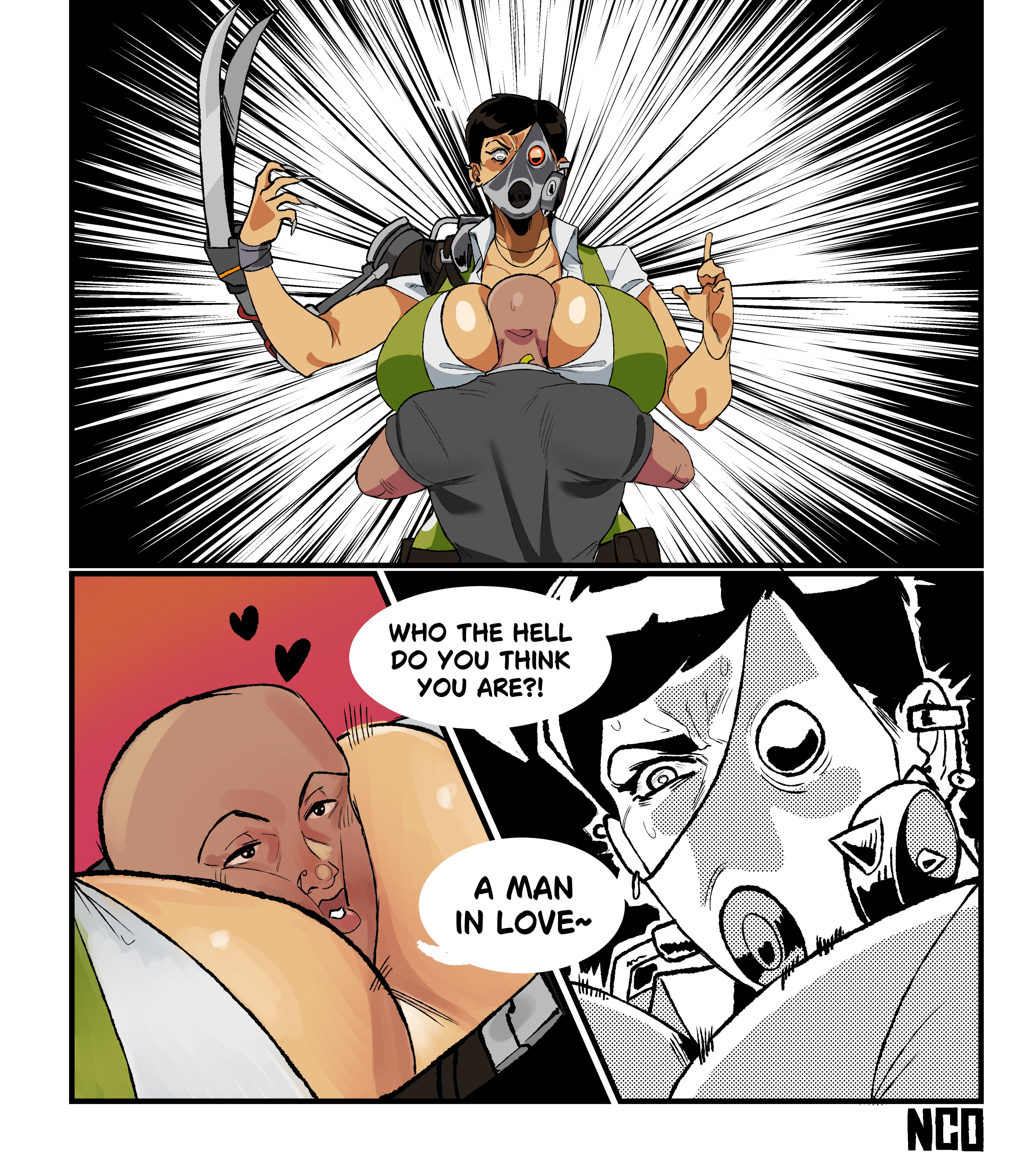 1boy, 1girls, adriana imai, augmentation, behemaid, between breasts, breast smother, breasts, claw (weapon), clawed fingers, cleavage, comic, cybernetics, dbd, dead by daylight, face between breasts, gas mask, head between breasts, heart, hug, huge breasts, jewelry, large breasts, mask, piercings, pixie cut, shocked, shocked expression, short hair, short sleeves, speech bubble, straps, tall female, taller female, the skull merchant, vest