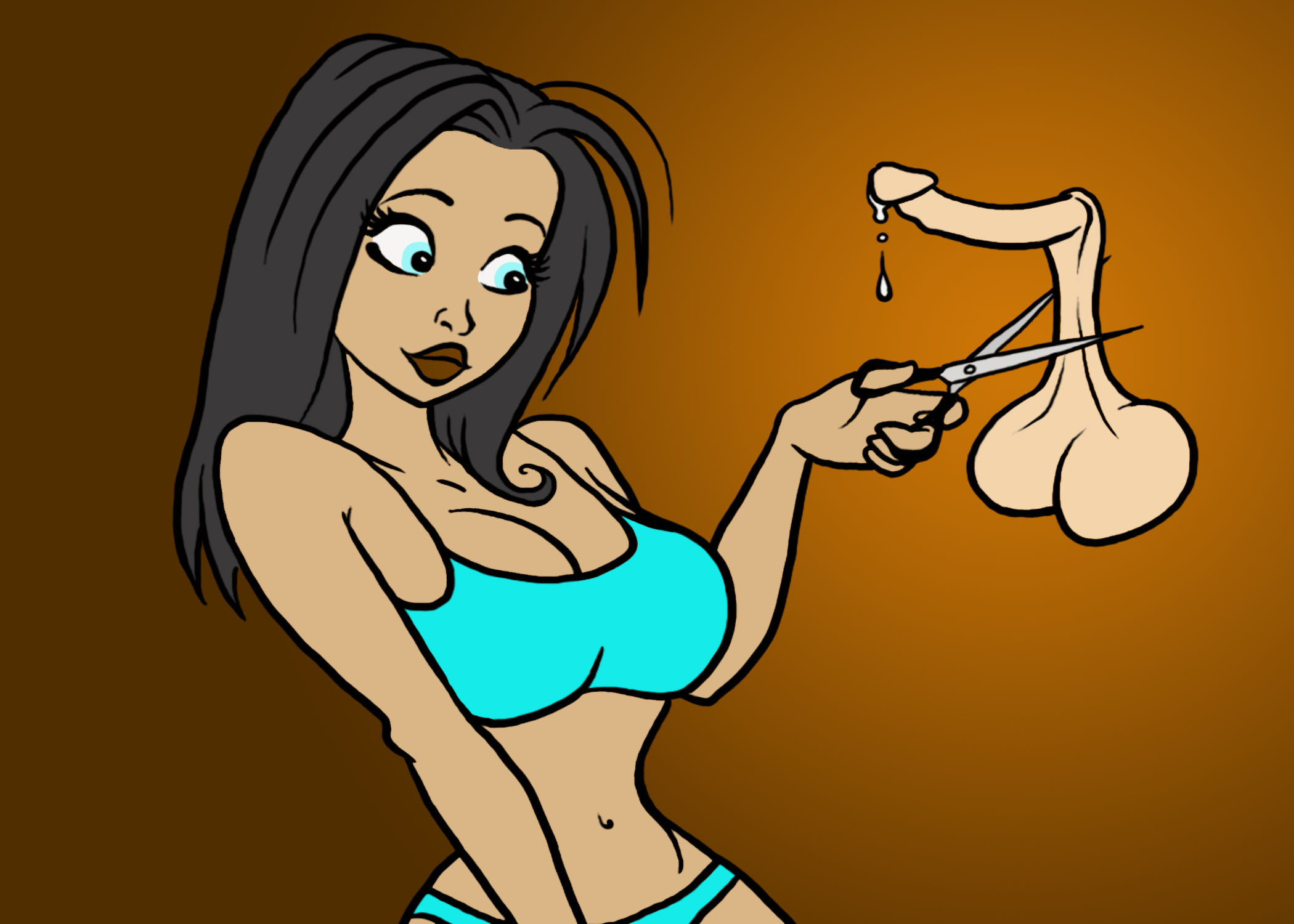 bikini, black hair, blue eyes, castration, female, fox&wolf, imminent castration, scissors, tagme