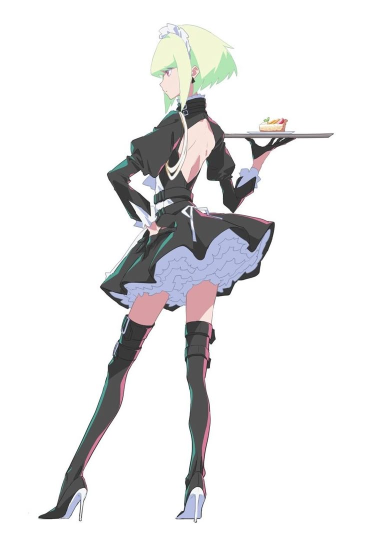 1boy, 2d, androgynous, backless dress, backless outfit, bob cut, clothed, clothed male, color, crossdressing, femboy, femboy only, feminine male, frills, green hair, heels, high heels, lio fotia, maid, maid dress, maid headdress, maid outfit, maid uniform, male, male only, non-nude, promare, pumps, rear view, short hair, slim, slim male, slim waist, solo, tagme (artist), thighhighs, tray, unknown artist