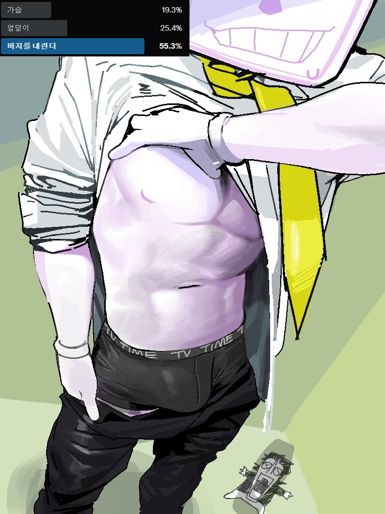 asd1565326, boxers, chest, deltarune, deltarune chapter 3, gay, half clothed, male, muscular, pants down, shirt lift, solo, solo focus, spamtenna, spamton g spamton, standing, tenna (deltarune), tie