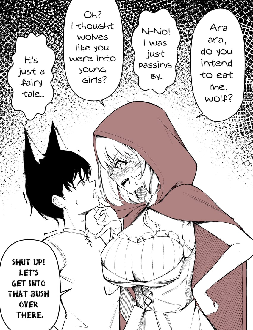 1boys, 1girls, animal ears, ara ara, armpits, breasts, clothed, cloverdot, english commentary, english text, female, implied sex, large breasts, larger female, little red riding hood, little red riding hood (copyright), male, size difference, smaller male, sweat, wolf ears