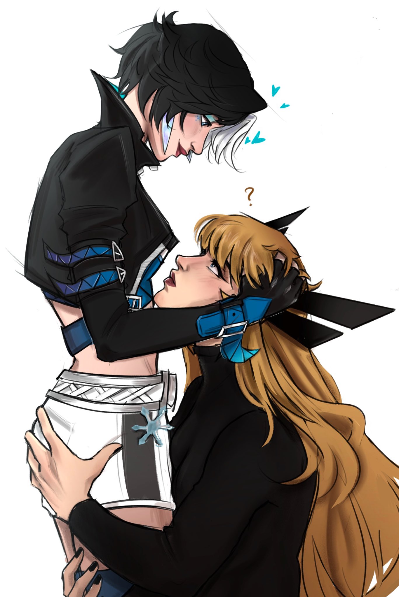 ?, ass grab, belly button, clothed, earrings, eye contact, eyeliner, female, female only, fingerless gloves, heart, height difference, interracial, intimacy, korean female, leather jacket, long sleeve shirt, luna snow, luna snow (marvel rivals), magik (illyana rasputin), magik (marvel rivals), marvel, marvel comics, marvel rivals, miniskirt, red lipstick, russian female, snowsword, star pendant, two-tone hair, very long hair, wholesome, x-men, yuri