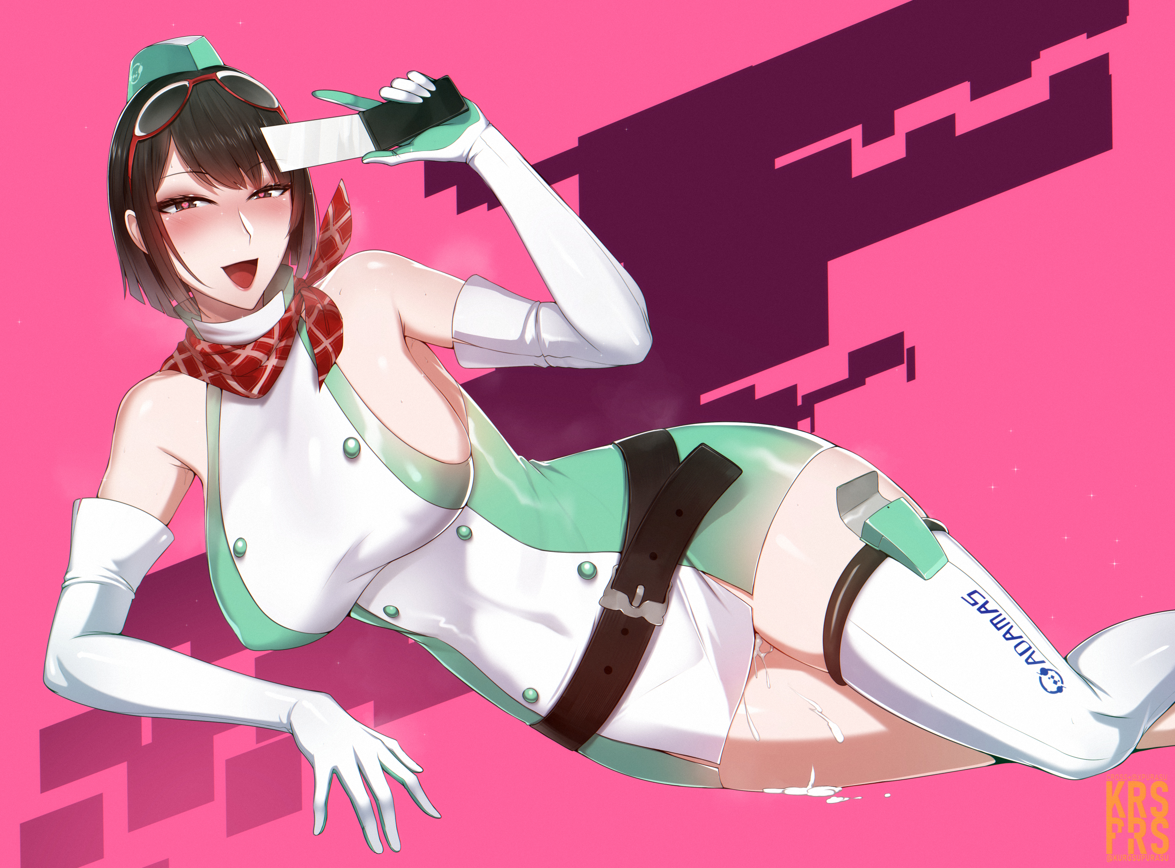 after creampie, after sex, black hair, boob window, breasts, cleavage, cum, cum drip, cum in pussy, cum inside, curvy, curvy figure, digimon, digimon story, digimon story: time stranger, female, gloves and boots only, gloves only, heart, heart-shaped pupils, kairou plus, kanan yuki, large breasts, laying down, leaking, leaking cum, leggings, looking at viewer, navel, nipples, open mouth, phone, pink background, pussy, short hair, side boob, smartphone, thick, thick thighs, thighhighs, thighs, wide hips, yuuki kanan