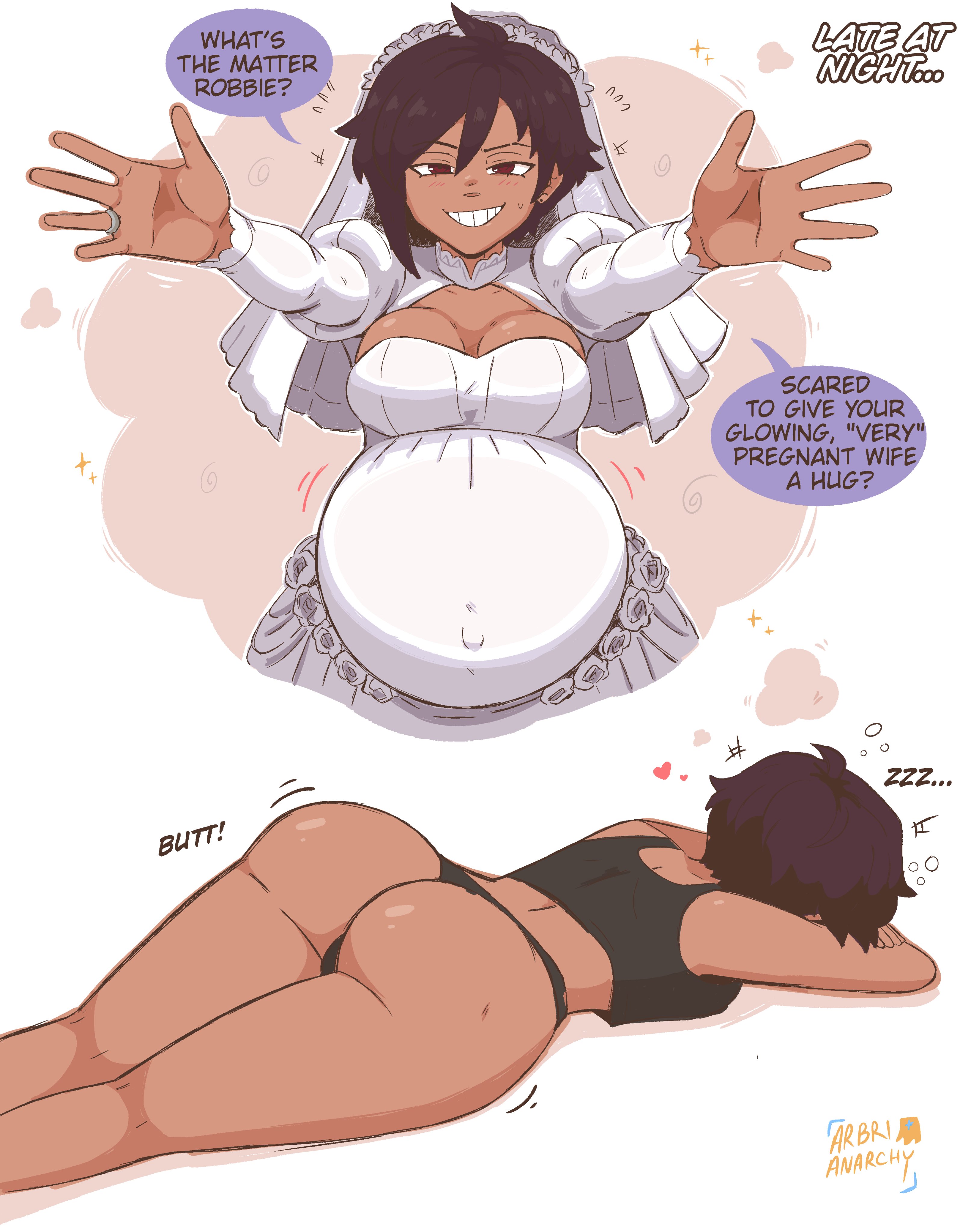 1girls, arbrianarchy, big ass, black panties, dark skin, dark-skinned female, dispatch (game), dream, dreaming, female, female only, hug invitation, invisigal, maternity clothes, maternity dress, panties, pregnant, pregnant female, short hair, sleeping, wedding dress