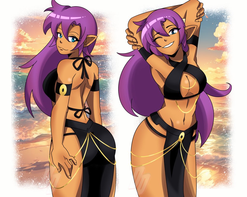1girls, blue eyes, dark-skinned female, datwondoude, female, female only, purple hair, shantae, shantae (character), solo, yomorio lingerie