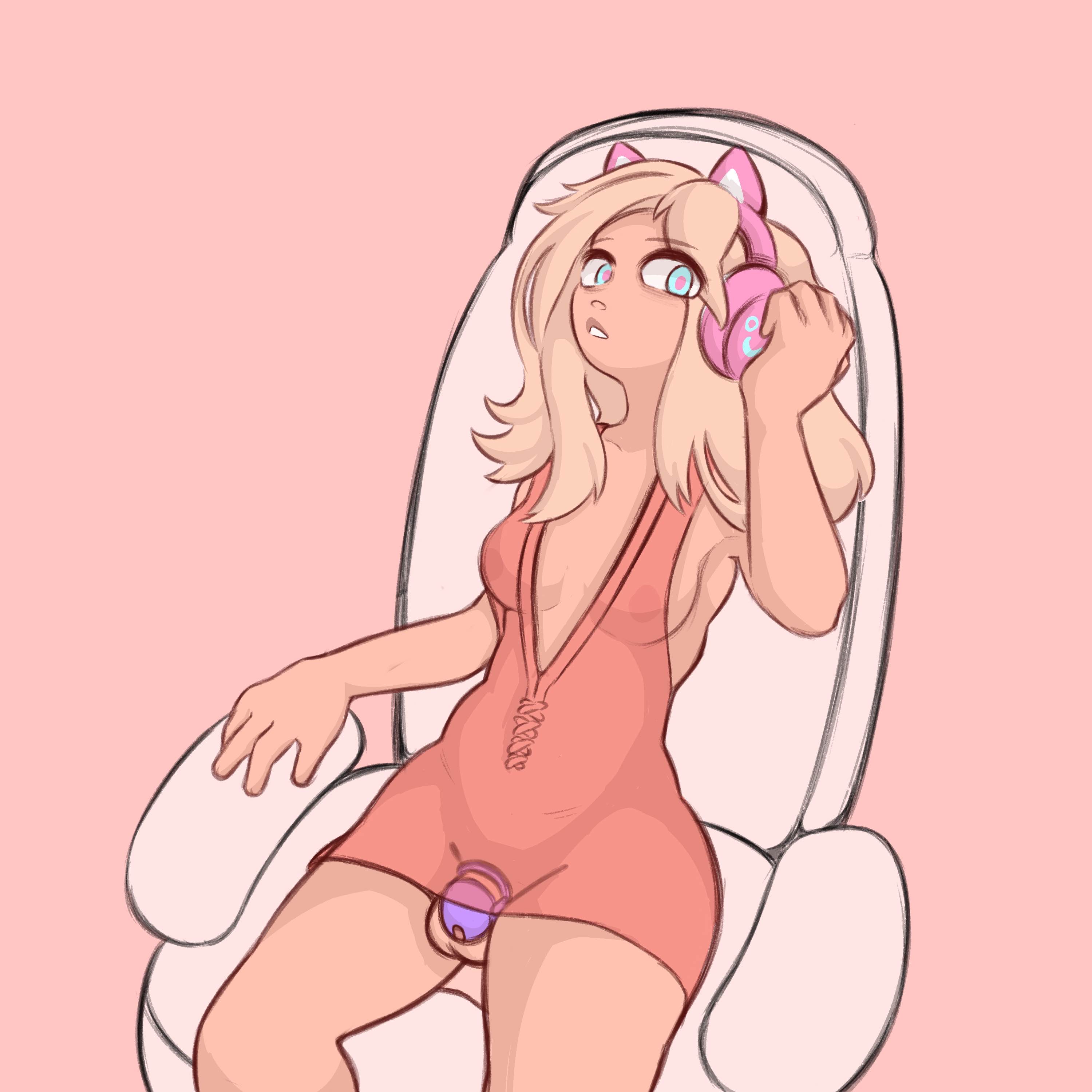 areolae, blonde, blonde female, blonde hair, blue eyes, boobs, breasts, caucasian, caucasian female, chastity cage, chastity device, cock, cock cage, dick, female, galaxiedraws, gaming chair, gay, headphones, male, no bra, no panties, no underwear, penis, pyrocynical, see-through clothing, stupid, thighs, tiny penis, trans woman, transparent clothing, woman