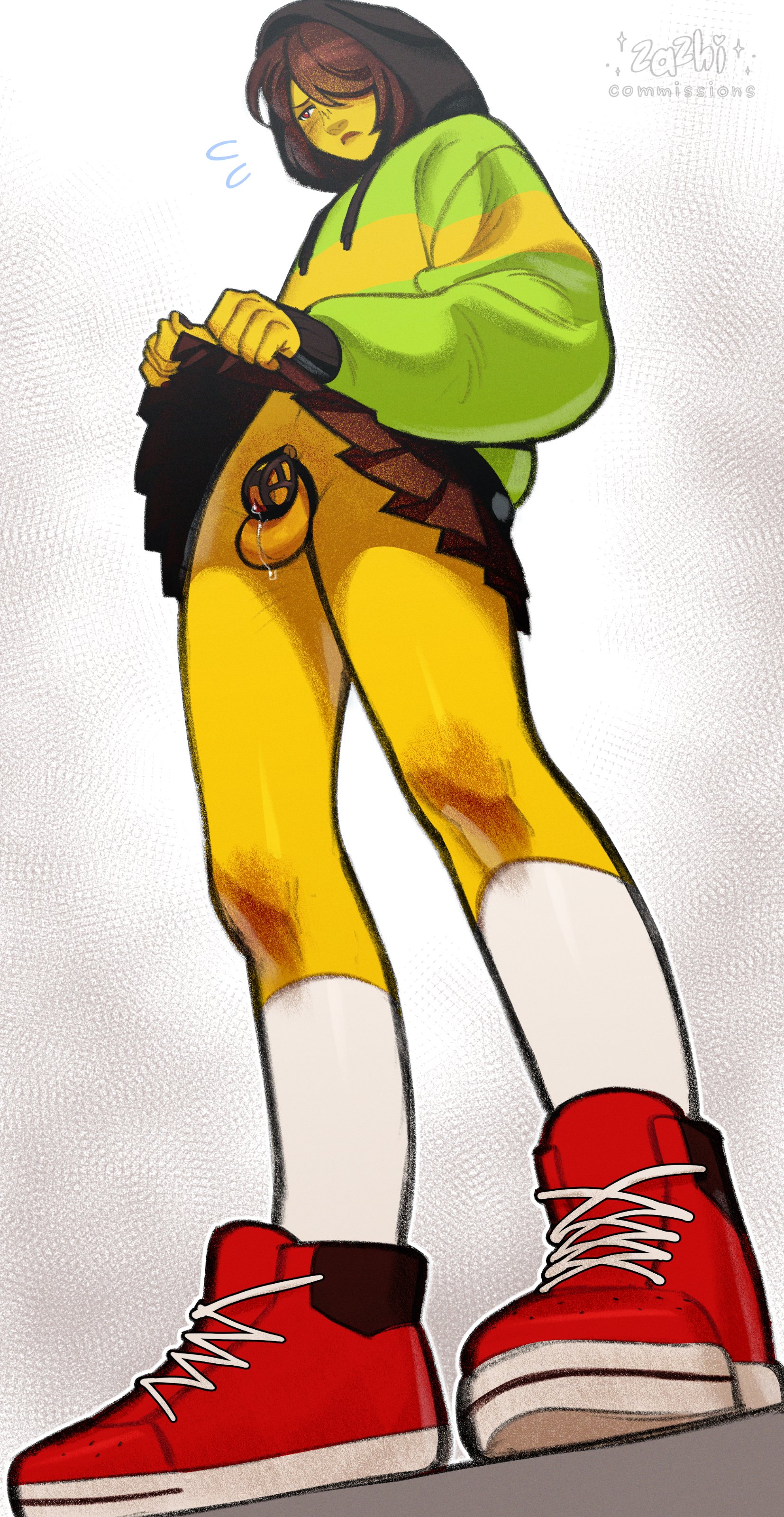 1nonbinary, brown hair, chastity cage, chastity device, deltarune, enby, gay, gay male, hoodie, kris (deltarune), leaking precum, lifting skirt, non-binary, nonbinary, nonbinary (lore), ohnohornysoul, precum, red shoes, skirt, white socks, yaoi
