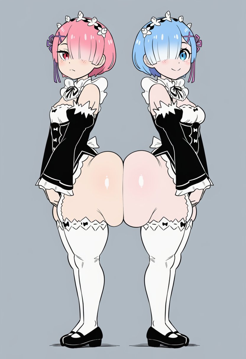 2girls, ai generated, ass, ass to ass, big ass, big butt, blue eyes, blue hair, breasts, butt to butt, clothed female, curvaceous, curvaceous ass, curvaceous body, curvaceous female, curvaceous figure, curvaceous hips, curvaceous thighs, curvy, curvy body, curvy female, curvy figure, curvy hips, embarrassed, female, female only, globogloboai, heavy bottom, maid, maid apron, maid dress, maid outfit, maid uniform, neutral expression, petite, petite body, petite breasts, petite female, ram (re:zero), re:zero kara hajimeru isekai seikatsu, red eyes, red hair, rem (re:zero), short hair, shortstack, sisters, small breasts, smile, smiling, standing, thick, thick ass, thick hips, thick legs, thick thighs, thighhighs, thighs, twin sisters, twins, voluptuous, voluptuous body, voluptuous female, wide hips, wide thighs