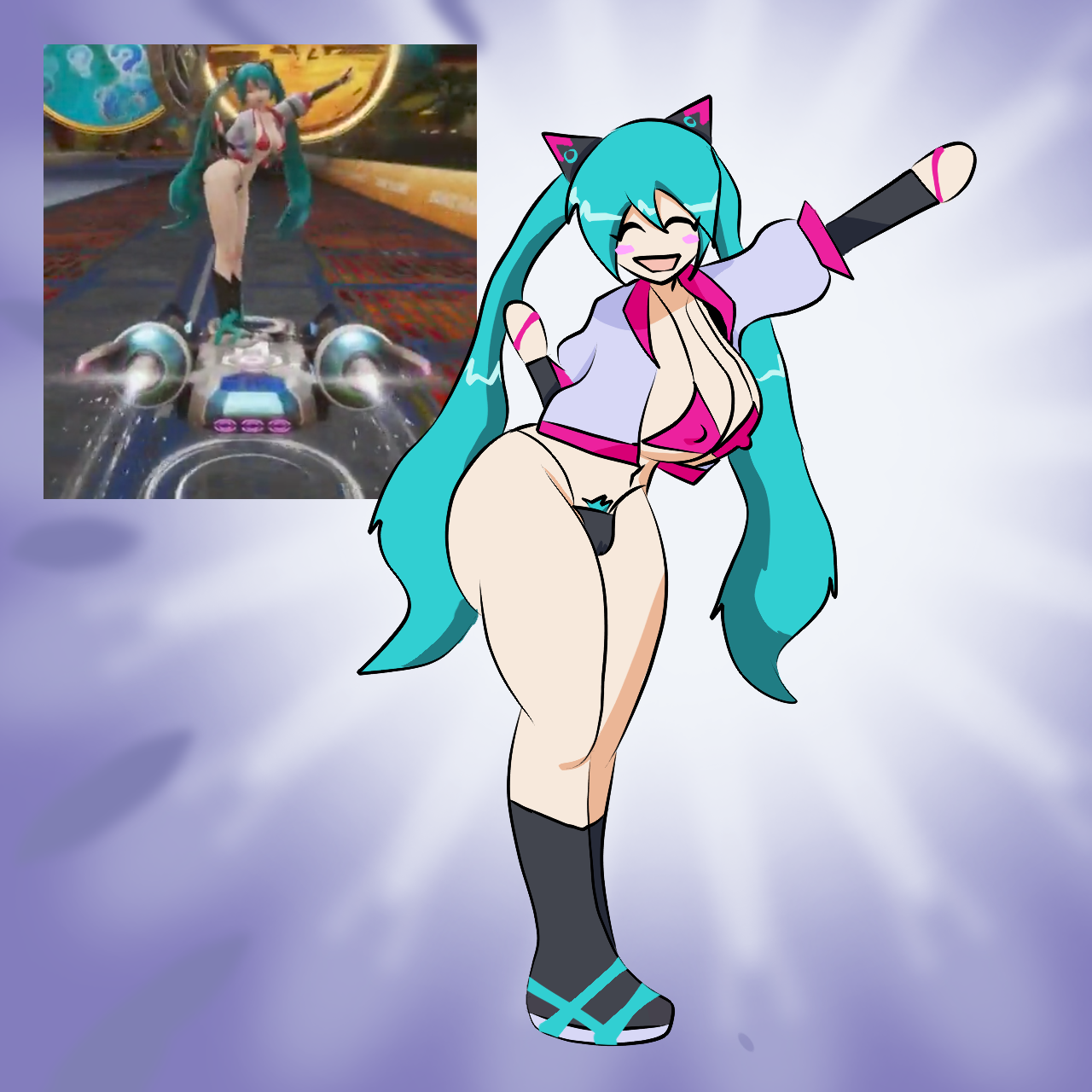 1girl, 1girls, animal ears, aqua hair, bikini, blush stickers, boots, breasts, closed eyes, colored pubic hair, covered nipples, erect nipples, extreme gear, female, female pubic hair, full body, hatsune miku, hatsune miku (sonic racing crossworlds), large breasts, long hair, open mouth, partially clothed, pubic hair, redraw, reference image, reference inset, sinfulstars, skimpy, smile, solo, solo female, sonic (series), sonic racing crossworlds, sonic the hedgehog (series), swimsuit, tagme, twintails, very long hair, vocaloid