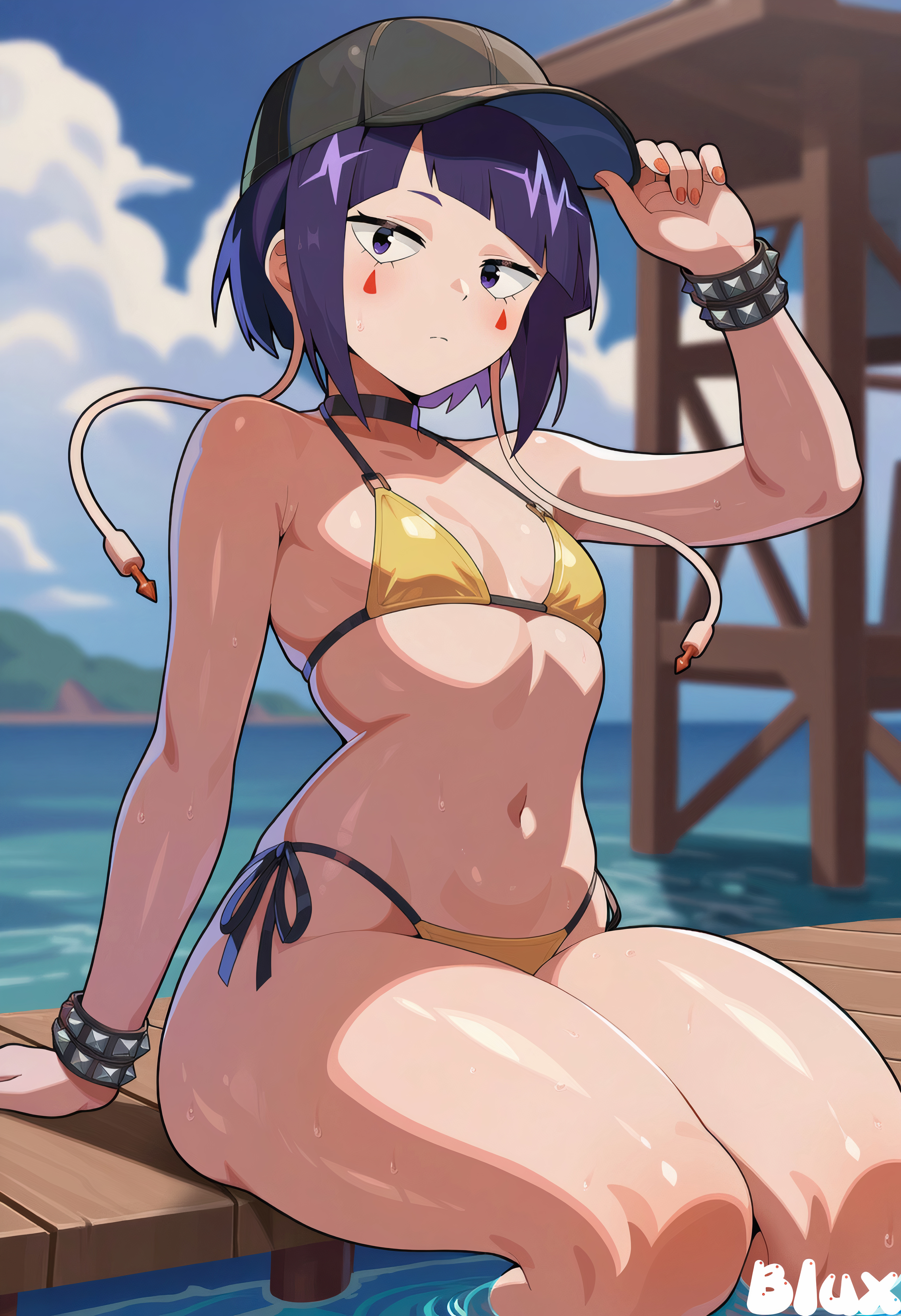 1girls, ai generated, bikini, blux, boku no hero academia, deck, female, female only, flat chest, flat chested, hat, kyoka jiro, kyouka jirou, my hero academia, navel, solo, swimsuit, thick legs, thick thighs, water