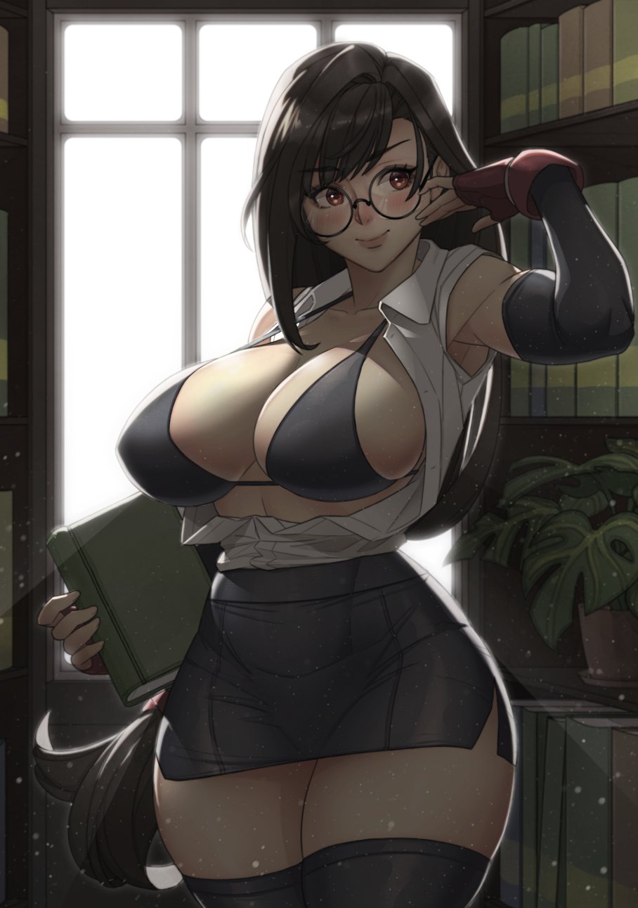 1female, 1girls, adapted costume, bikini, black bikini, black hair, black skirt, book, breasts, cleavage, collared shirt, dress shirt, earrings, elbow gloves, elbow pads, female, female focus, female only, final fantasy, final fantasy vii, fingerless gloves, glasses, gloves, highres, holding, holding book, jewelry, lanyard, large breasts, library, long hair, looking at viewer, low-tied long hair, mikeymegamega, navel, office lady, open clothes, open shirt, pencil skirt, red eyes, round eyewear, shirt, skirt, skirt suit, smile, solo, solo female, solo focus, string bikini, suit, swimsuit, tifa lockhart, white shirt collar