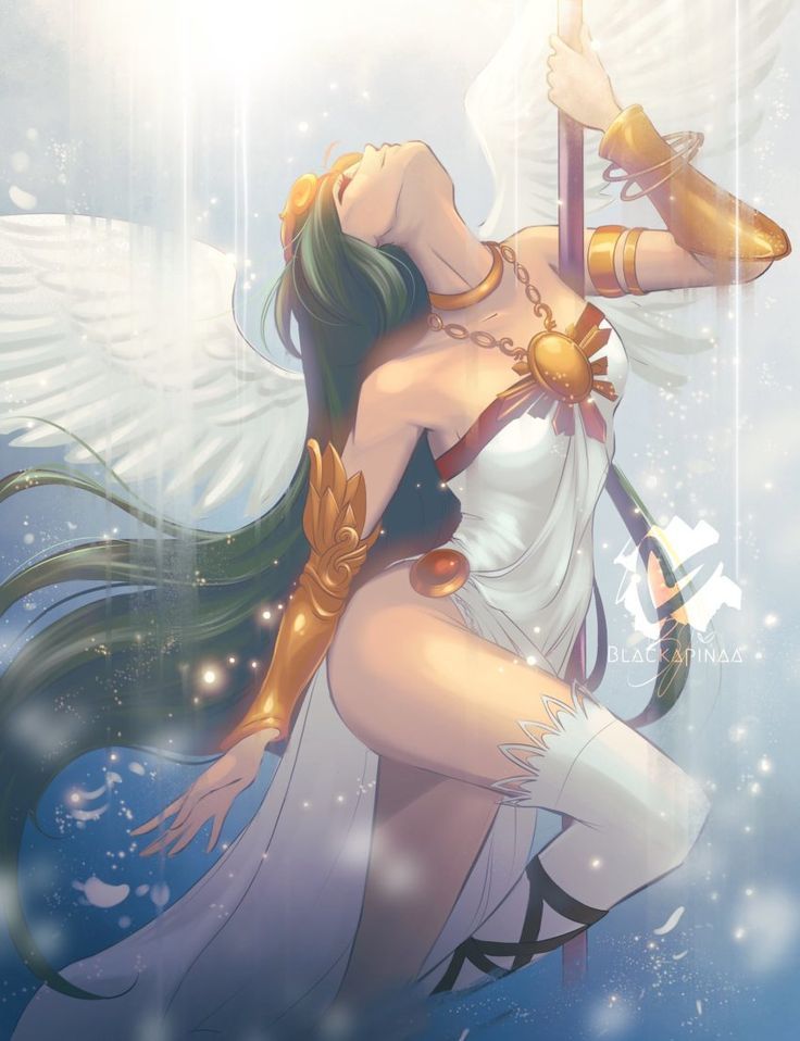 angel wings, artist name, blackapinaa, breasts, breasts covered, closed eyes, covering breasts, dress, female, goddess, green hair, kid icarus, long hair, looking up, nintendo, palutena, pinalaflame, pole, pole dancing, single stocking, single thighhigh, staff, vambraces, white dress, white legwear