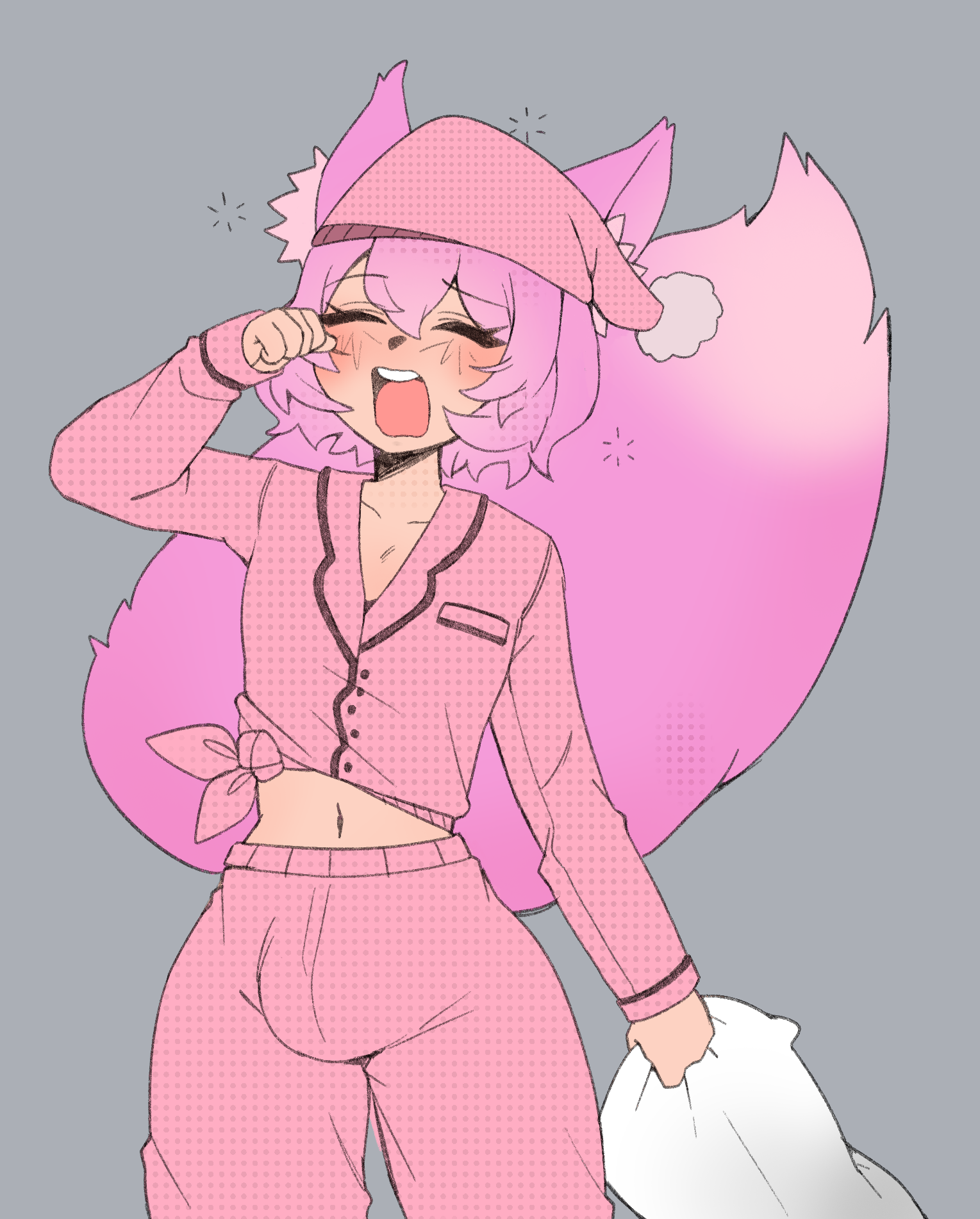 1futa, ayami (skyism), bulge, bulge through clothing, closed eyes, fox, fox ears, fox girl, fox tail, futa only, futanari, implied futa, intersex, oniiyanna, open mouth, pink hair, pyjamas, solo, solo futa, yawning