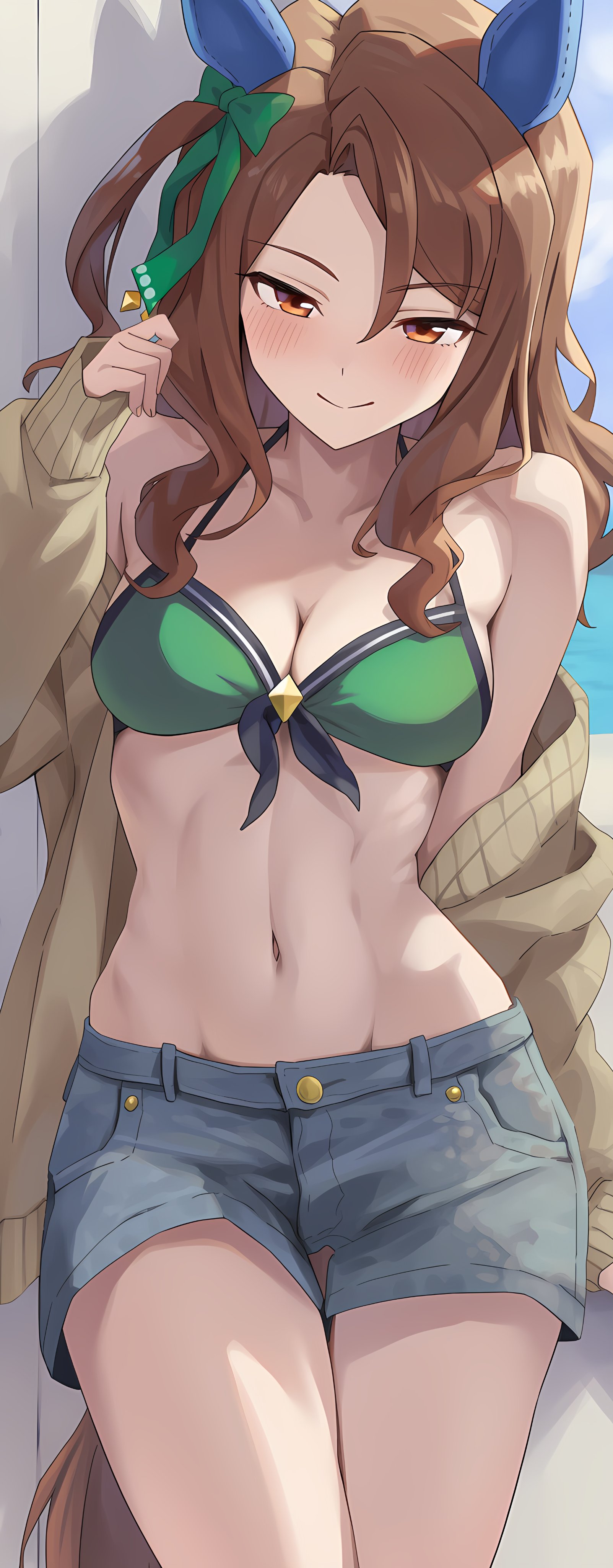 1girls, ai generated, belly, bikini top, breasts, brown eyes, brown hair, female, king halo (umamusume), long hair, looking at viewer, medium breasts, smile, umamusume