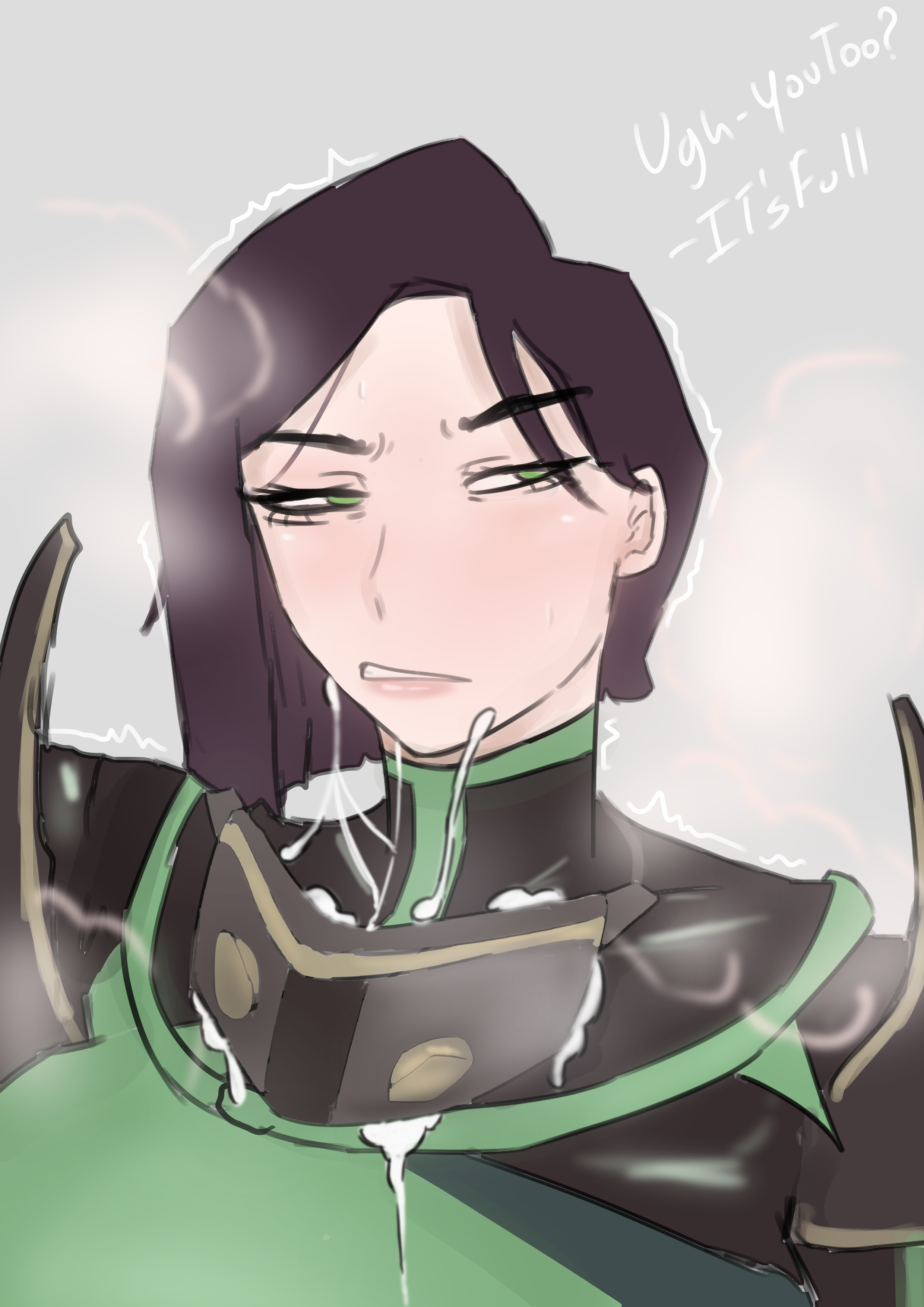 annoyed, annoyed expression, azazelinp, blush, bob cut, clothed, cum drip, cum play, dark hair, green eyes, short hair, tsundere, valorant, viper (valorant)