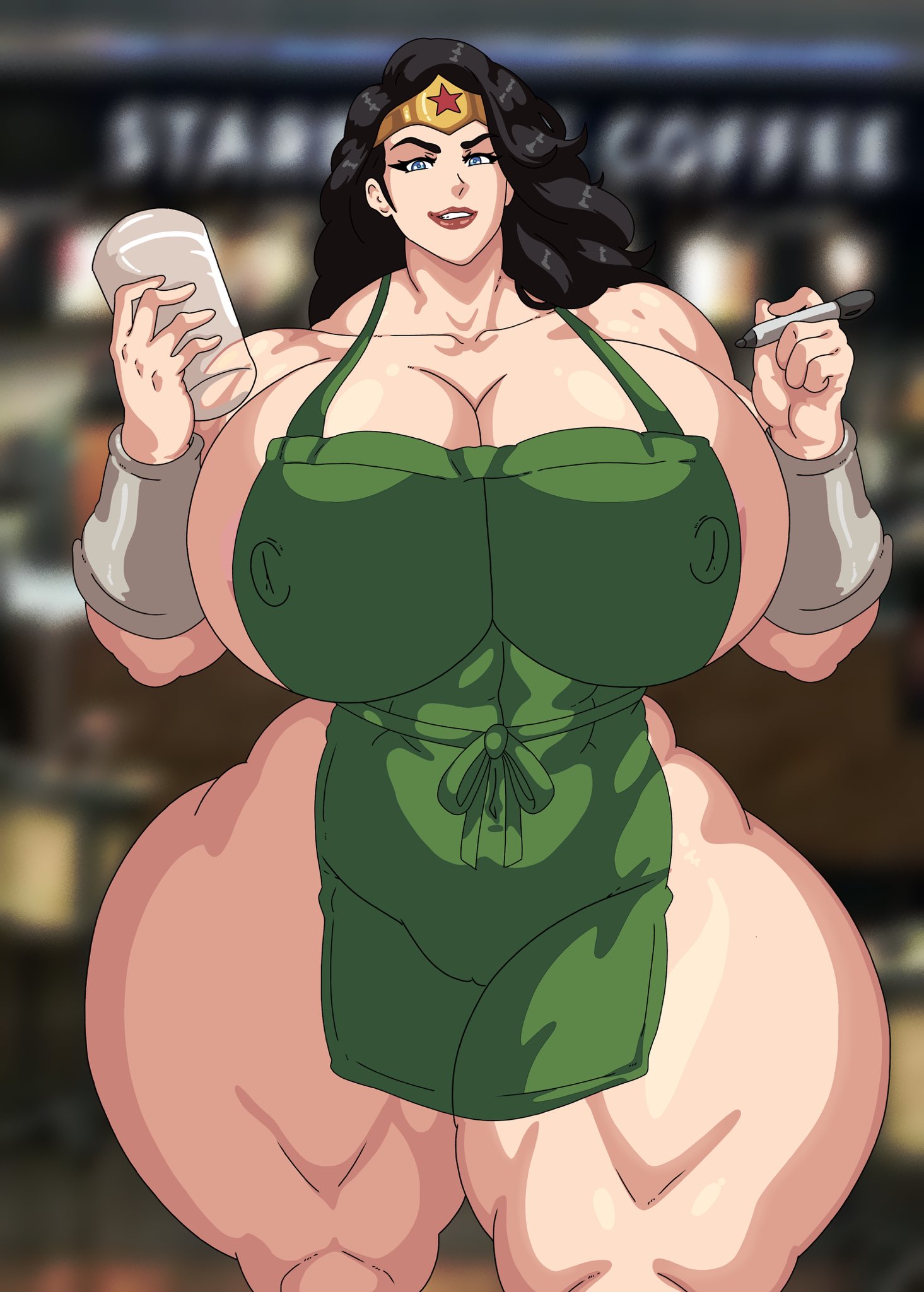 1female, 1girls, abs visible through clothing, apron, apron only, barely clothed, big ass, big breasts, black hair, bottomless, breasts, curvy, curvy figure, dc, dc comics, diana of themyscira, female, female only, gohu13, huge breasts, iced latte with breast milk, large breasts, lipstick, marker, muscular, muscular female, nipple bulge, solo female, starbucks, starbucks barista, tagme, thick, thick thighs, tiara, topless, voluptuous, voluptuous female, wide hips, wonder woman, wonder woman (series)