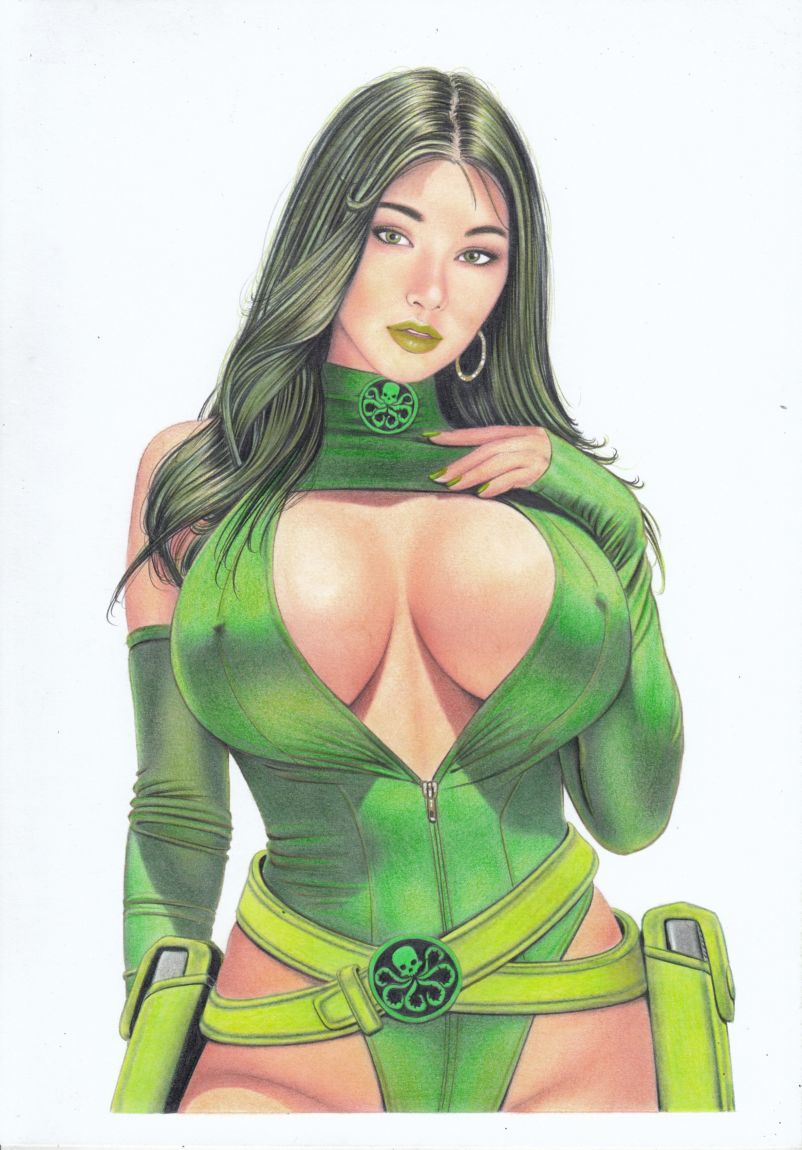 1girls, big breasts, black hair, breasts, cleavage, female, female only, green lipstick, huge breasts, madame hydra, marvel, marvel comics, nipple bulge, sideboob, solo, tim grayson, traditional media (artwork)