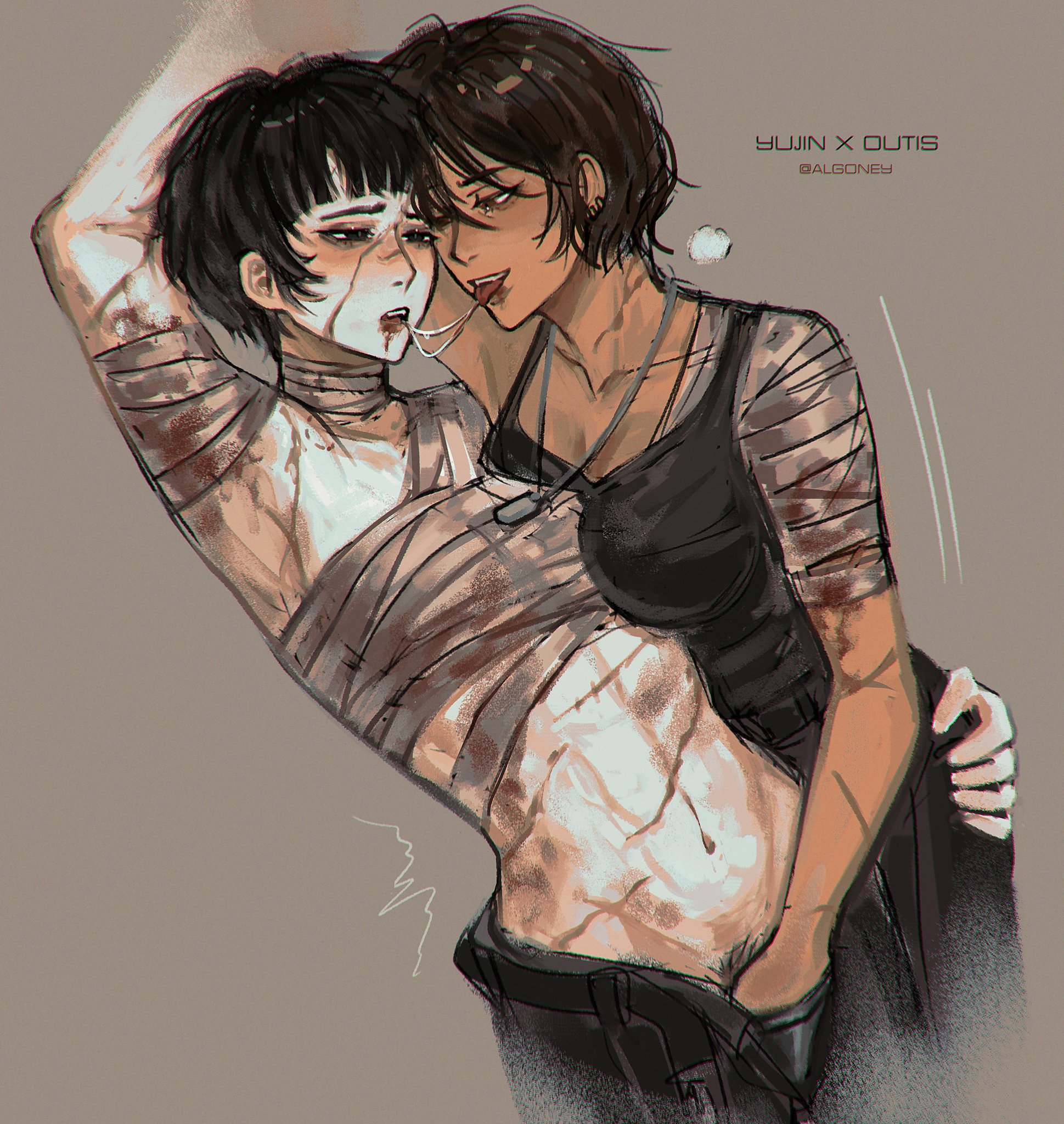 after kiss, bandages, black hair, boobs, breasts, brown hair, crop top, dark skin, female, girls kissing, lesbian, library of ruina, limbus company, outis, outis (limbus company), outis (project moon), project moon, saliva, saliva drip, saliva string, saliva trail, shirt lift, short hair, sweat, tongue out, yujin, yujin (library of ruina), yuri