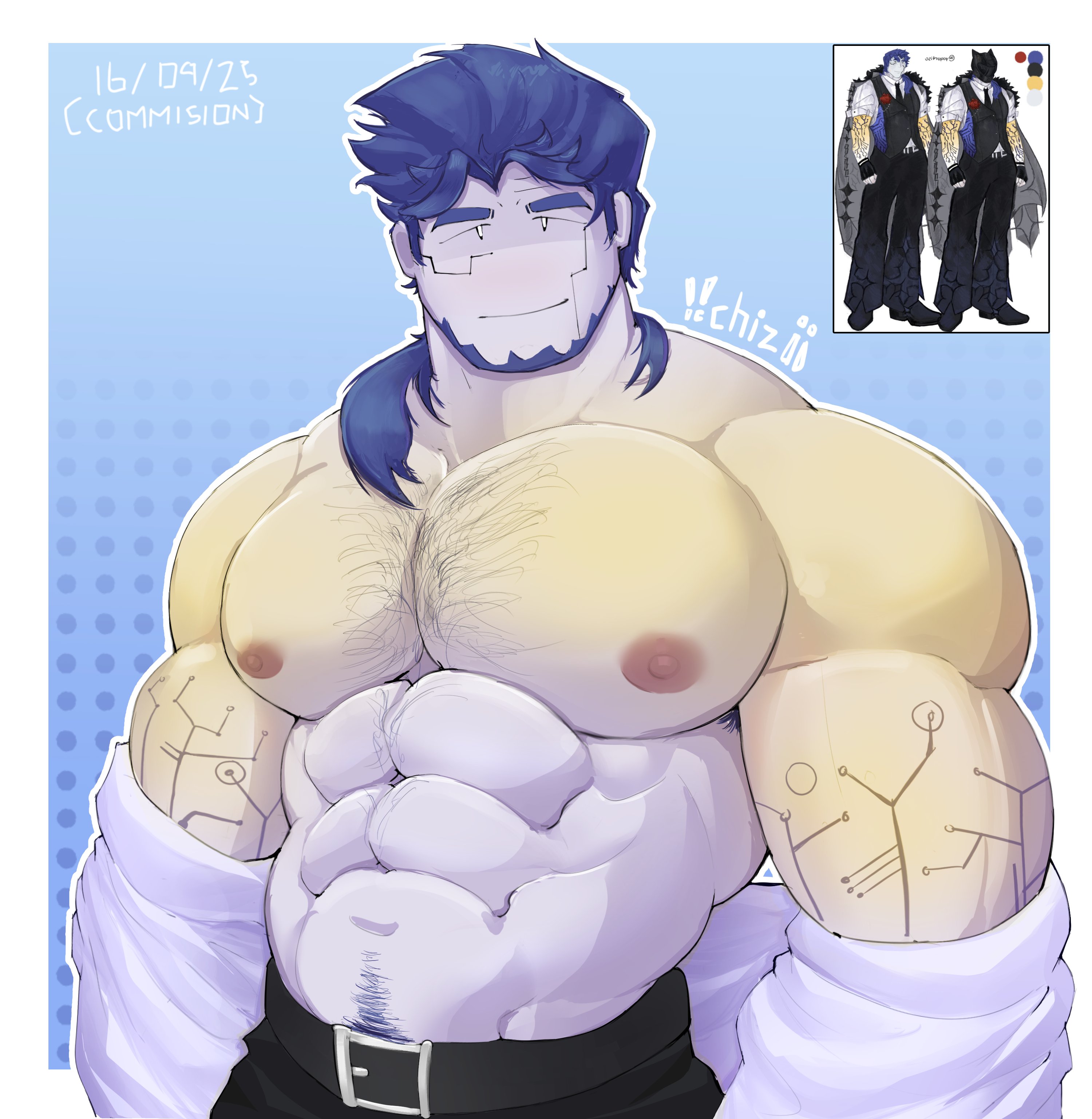 1boy, abs, bara, beard, blue hair, chest hair, commission, dated, facial hair, hairy chest, male, male only, muscular, navel hair, nipples, pecs, pectorals, rebelliousmilk, reference image, roblox, roblox avatar, robloxian, spicychizramen, tagme, topless, yaoi