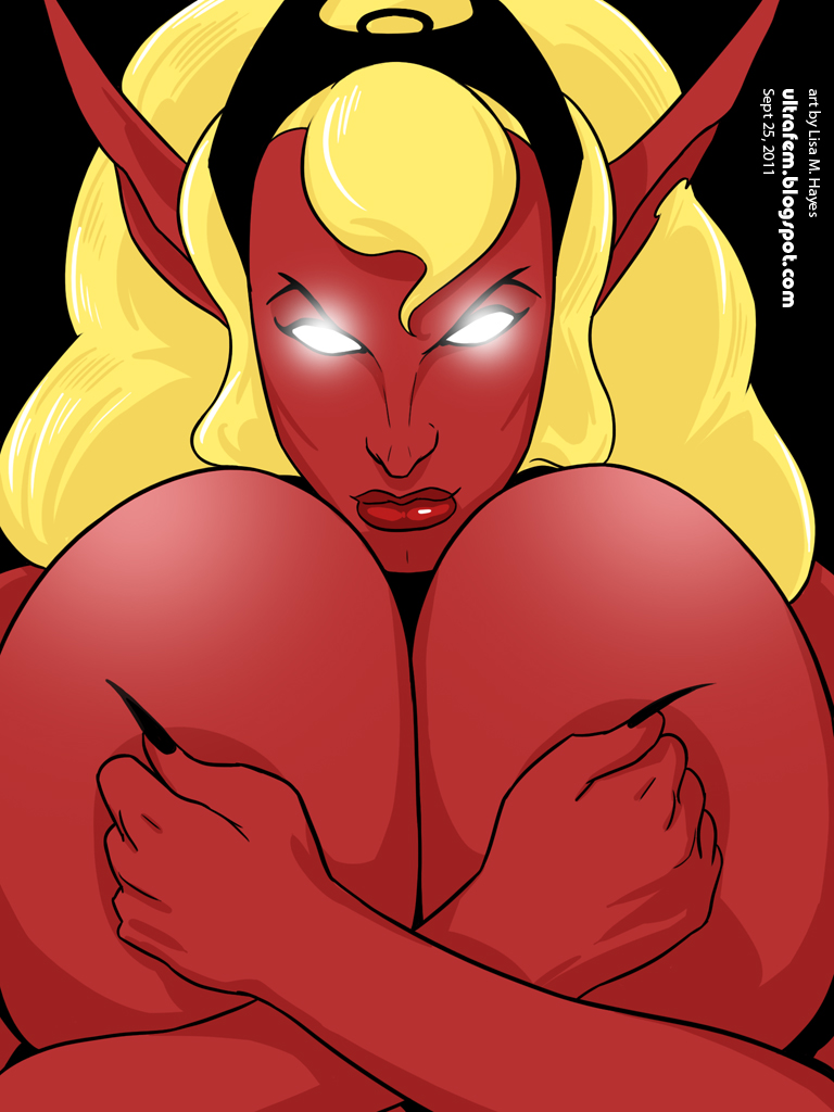 big_breasts blonde_hair breast_fondling breasts demon female fondling glowing_eyes hair huge_breasts looking_at_viewer succubus ultrafem