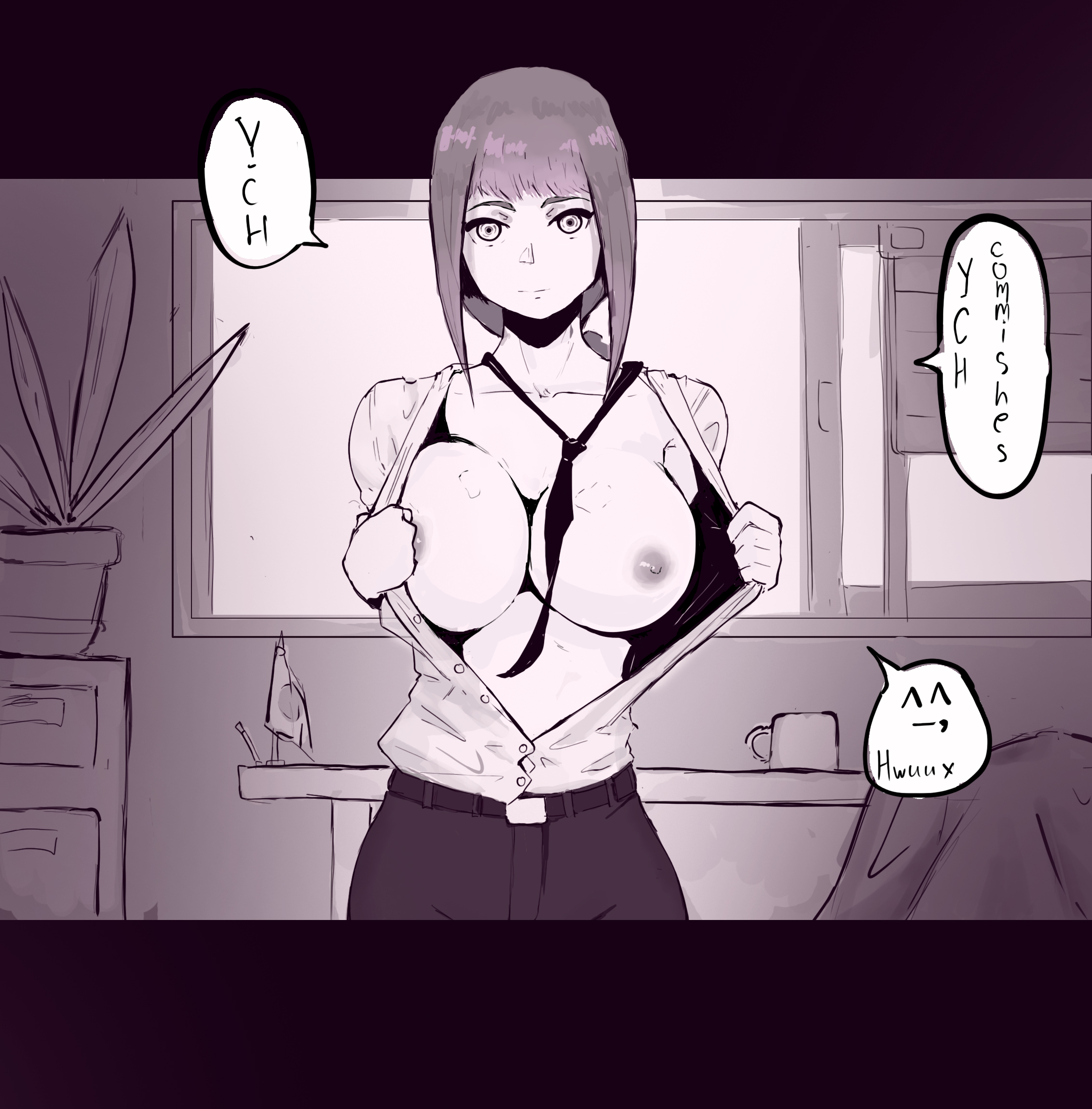 1girls, black pants, breasts, chainsaw man, female, female only, hwuux, looking at viewer, makima (chainsaw man), monochrome, naked shirt, nipples, showing breasts, unbuttoned shirt, white shirt